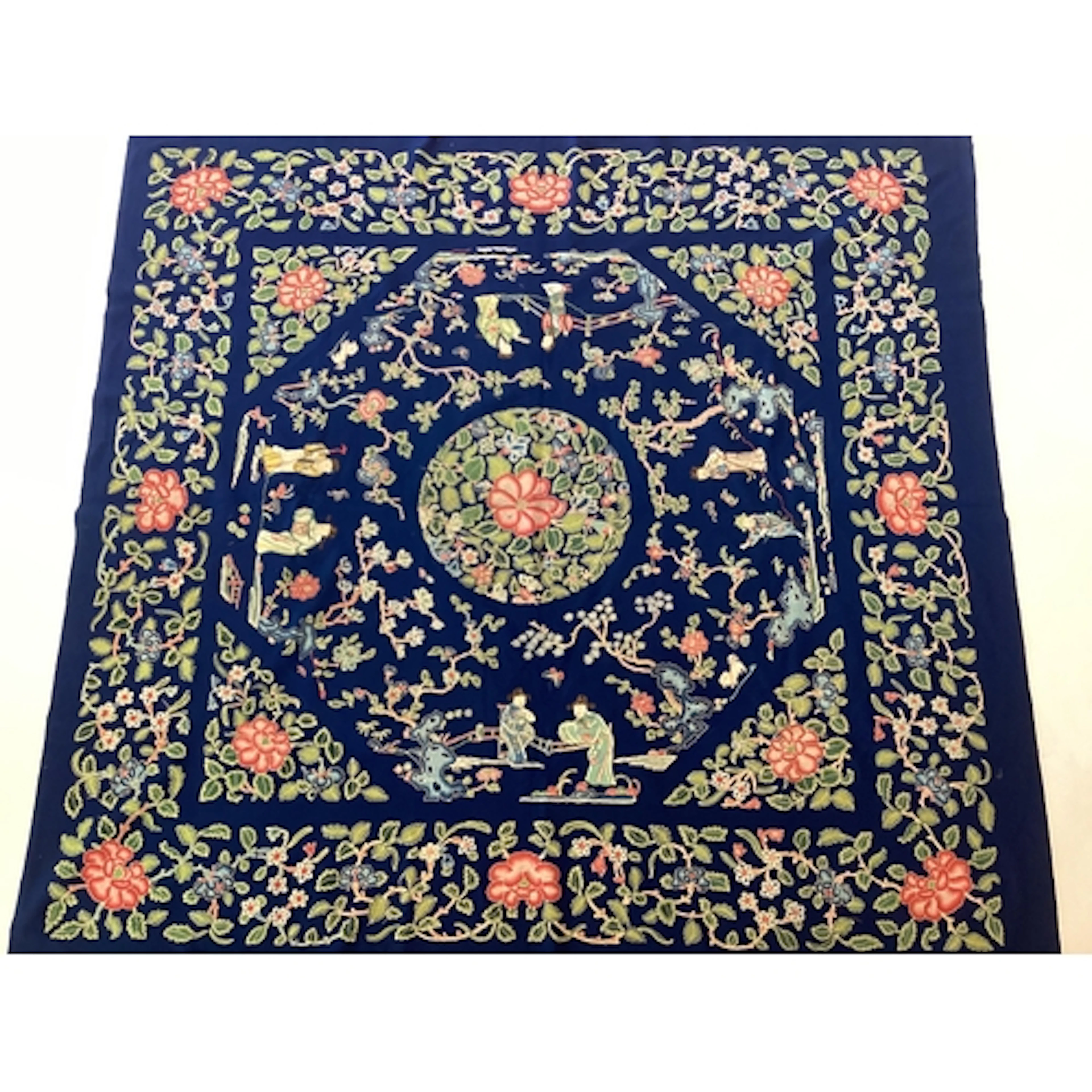 A large 19th Century Chinese blue felt silk embroidered hang...