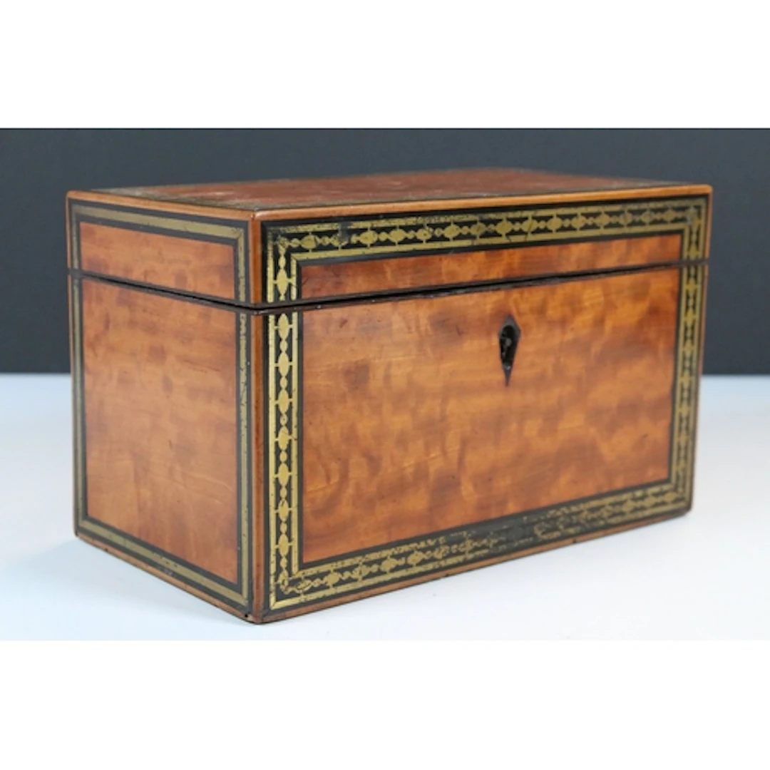 19th century tea caddy having satinwood veneer and gilt geom...