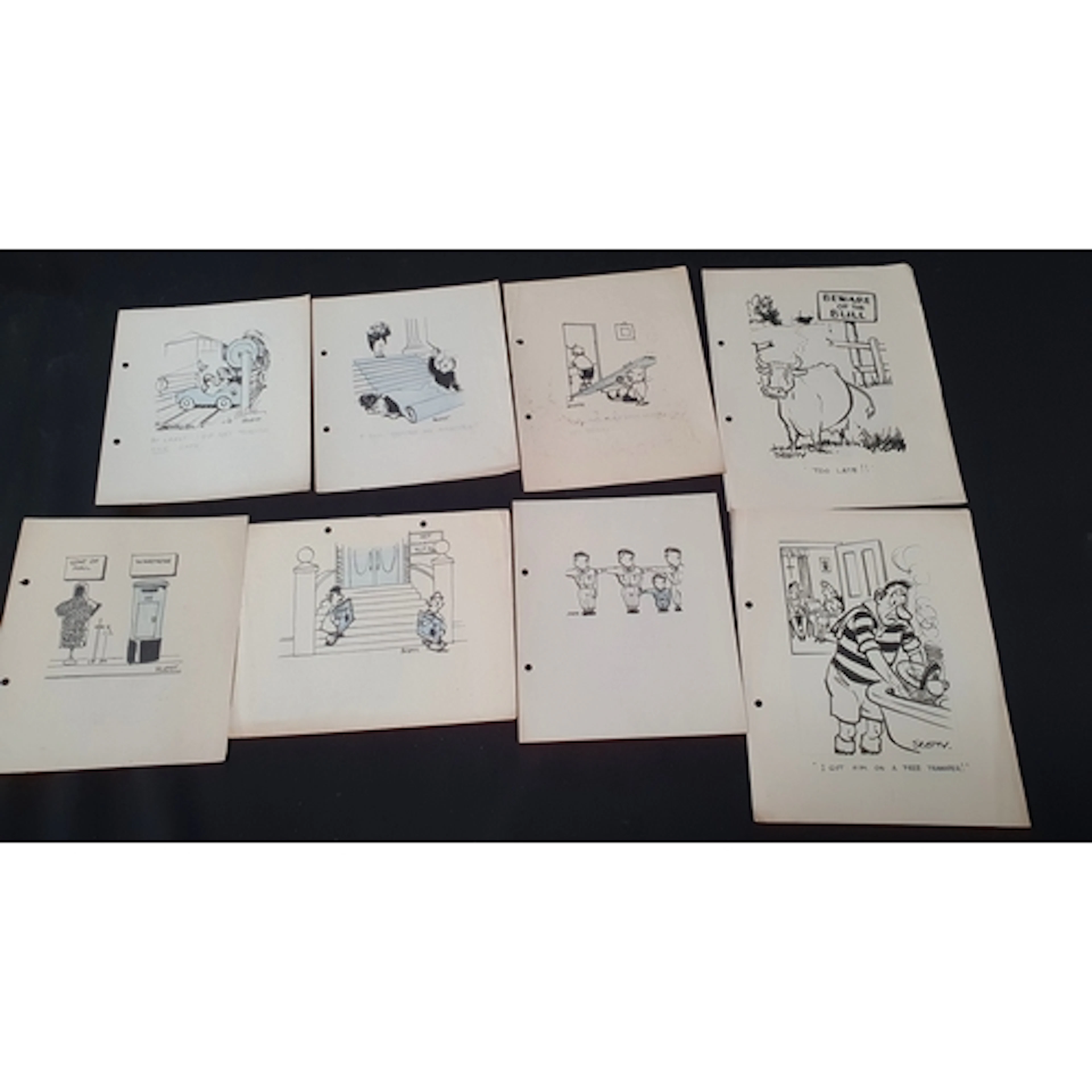 EIGHT PEN AND INK ORIGINAL SINGLE-PANEL CARTOONS circa 1940s...