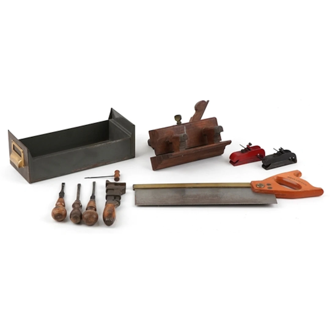 Antique and later woodworking tools including a rebate plane...