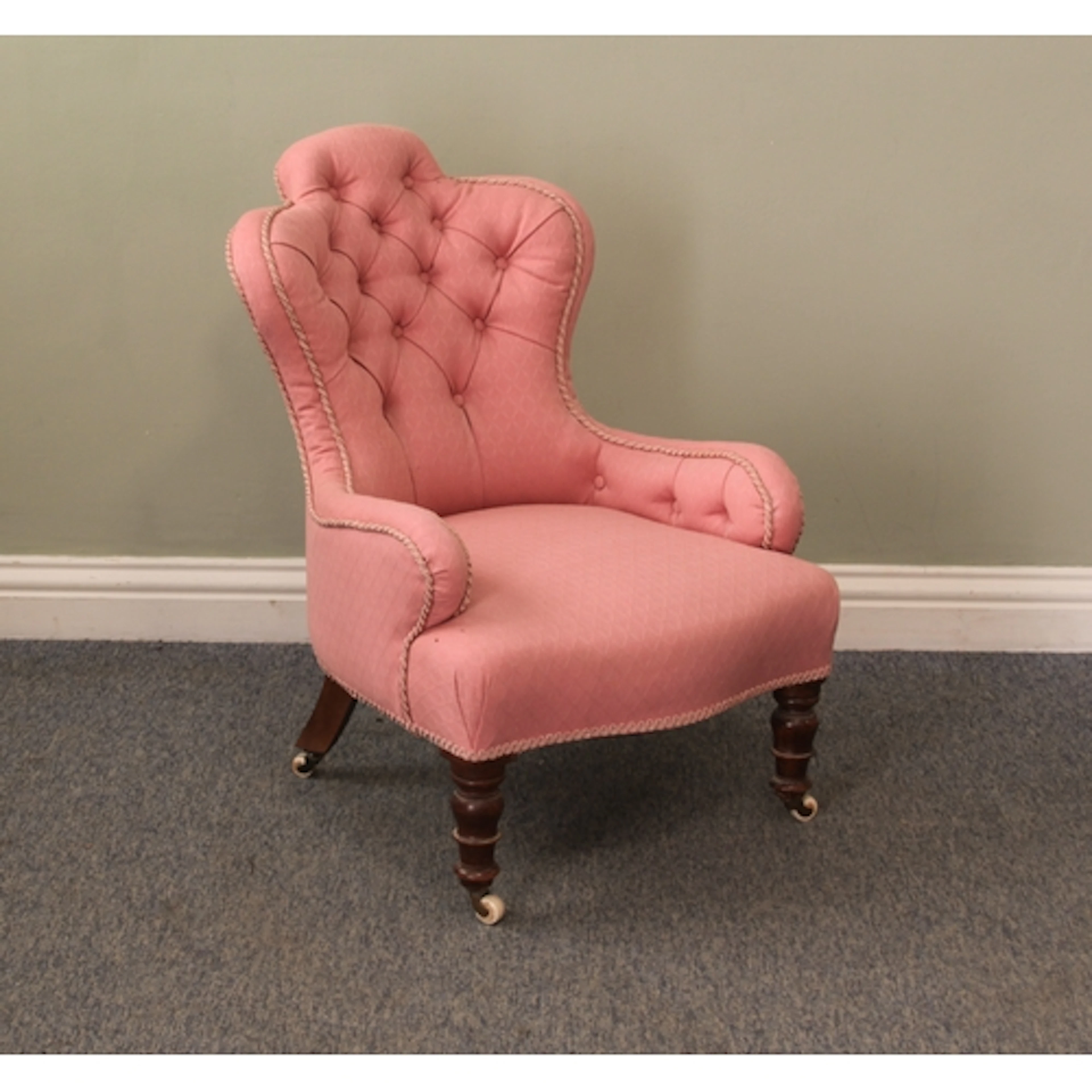 A Victorian low button back nursing or salon chair - pink up...
