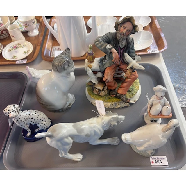 Tray of ceramics to include: continental study of a seated c...