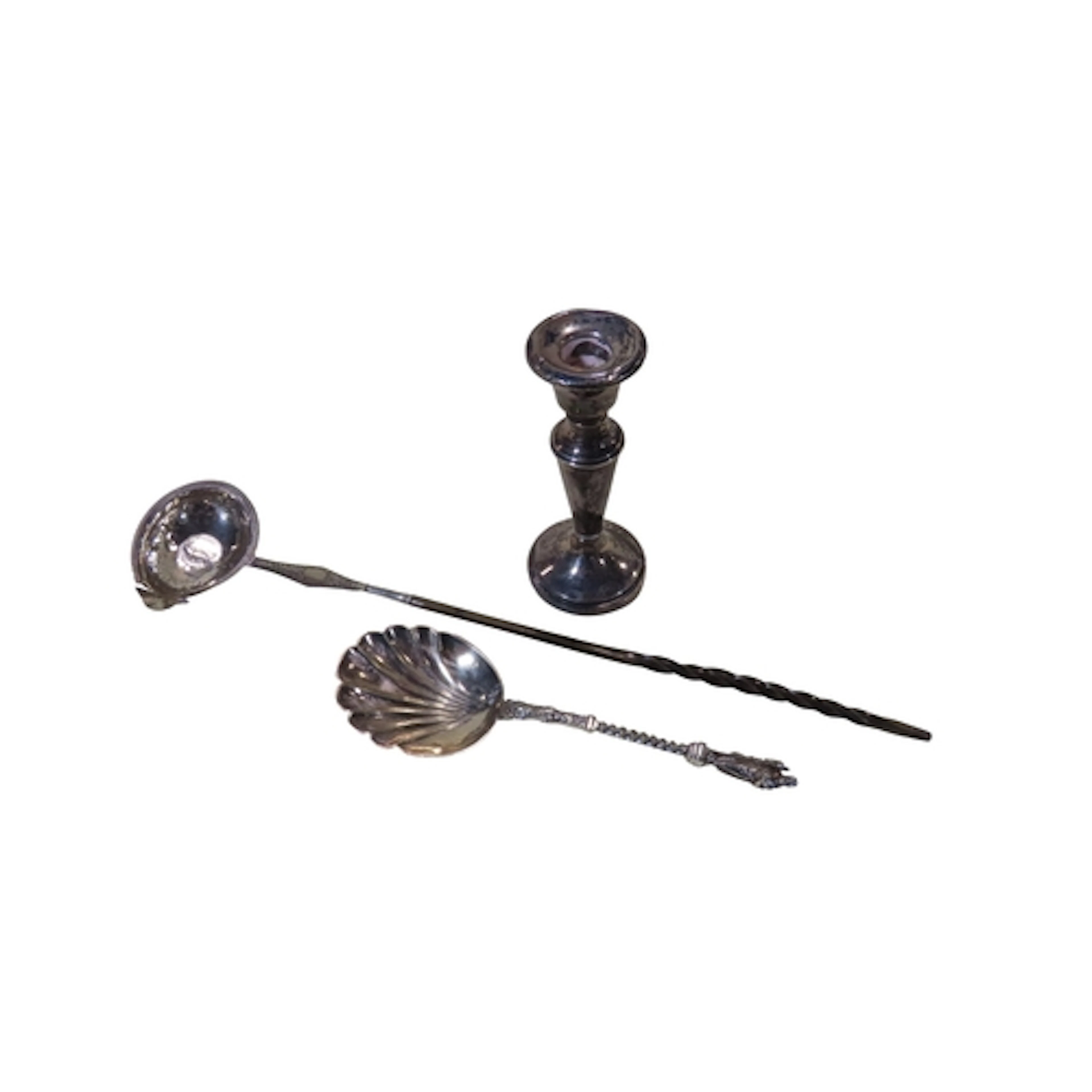A George II white metal toddy ladle, with coin-set bowl, and...
