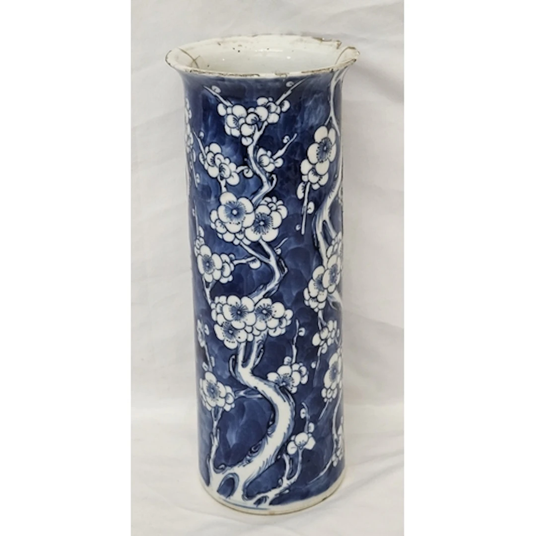 C19th Chinese Blue & White Porcelain Cylindrical Vase decora...