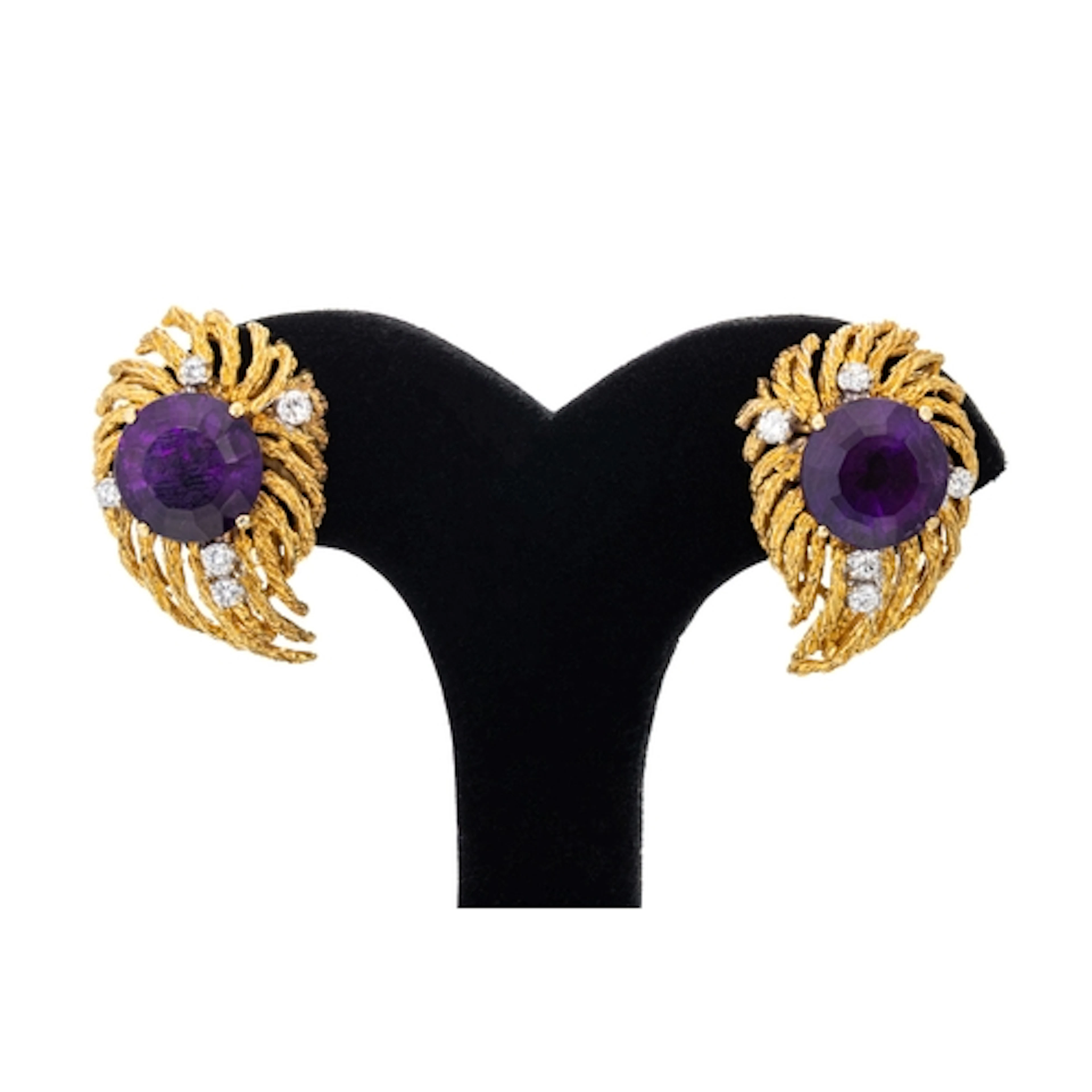 A PAIR OF VINTAGE AMETHYST AND DIAMOND EARRINGS, the round c...