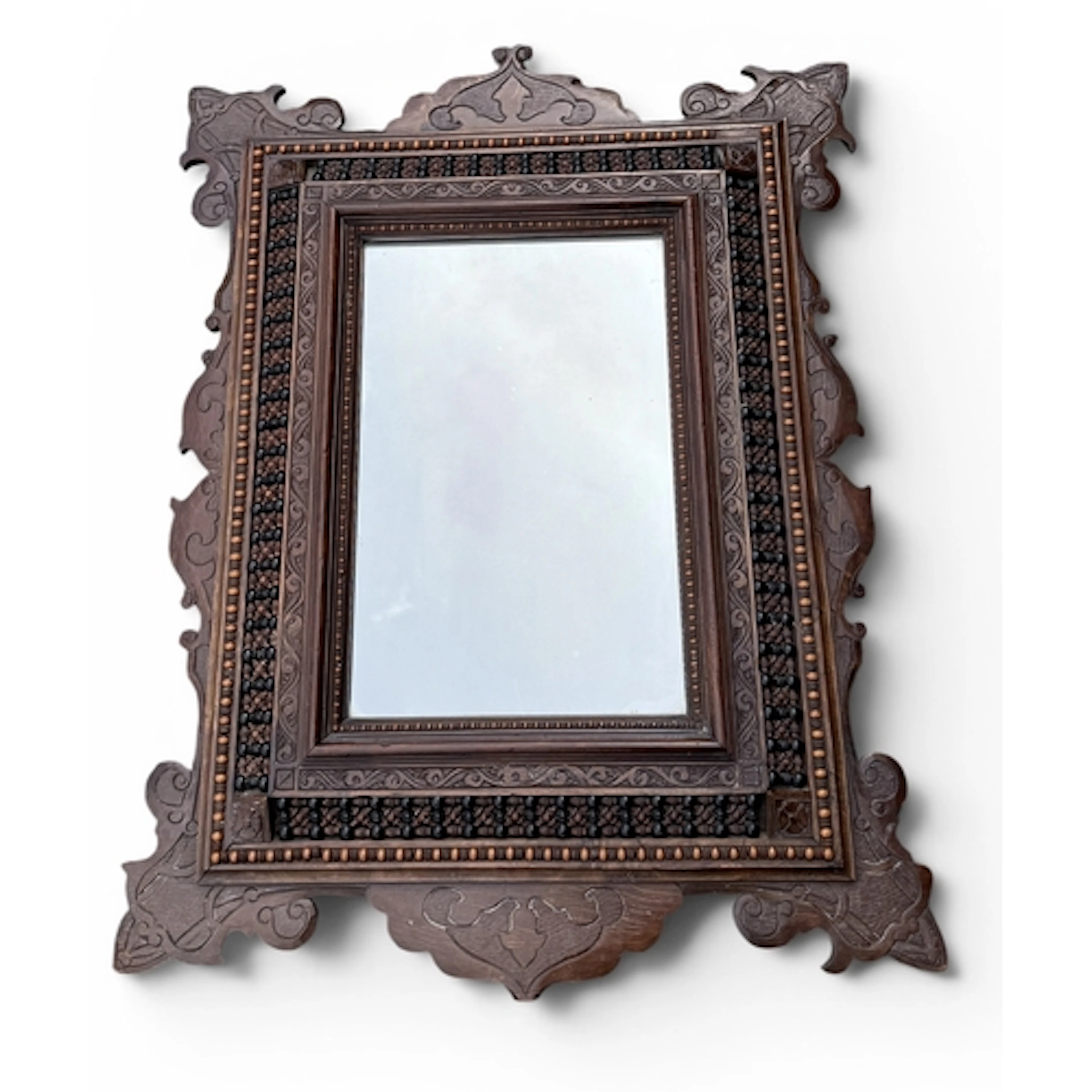 A 19TH C MOROCCAN CARVED WOOD WALL MIRROR 70cm x 54cm...