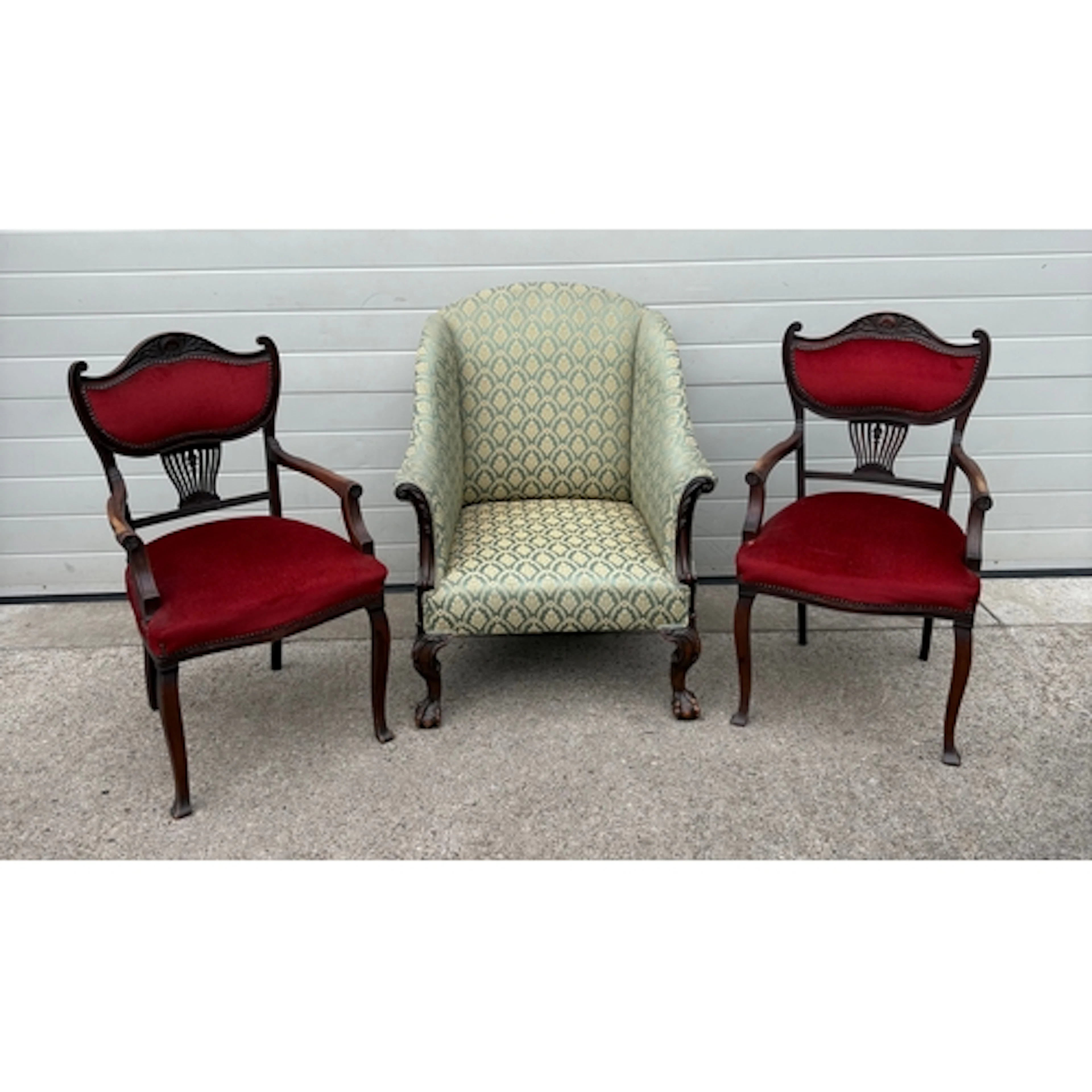 A mahogany claw footed library chair together with a pair of...