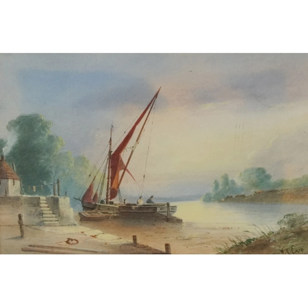 William Arthur Earp - Moored sailing vessels beside a river,...