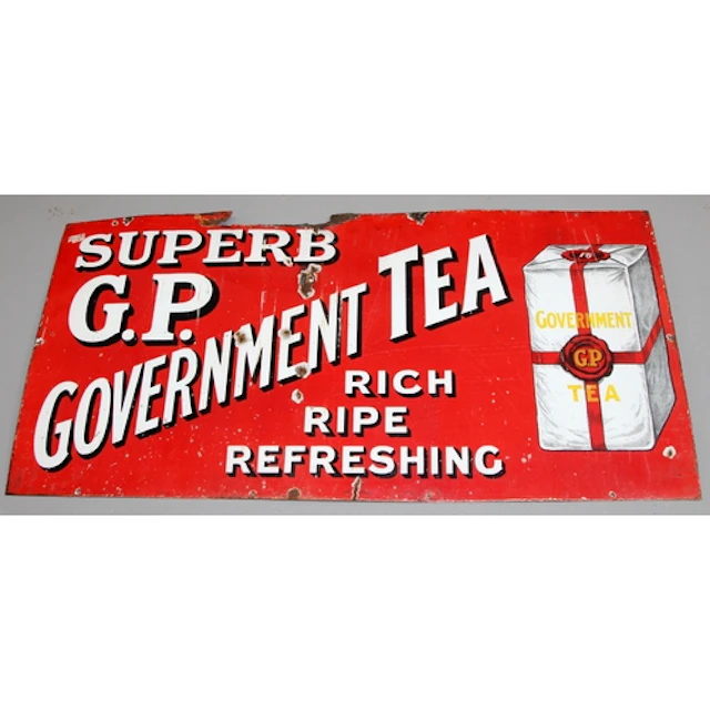 Vintage enamel sign: Large GP Government Tea 'Superb, Rich, ...
