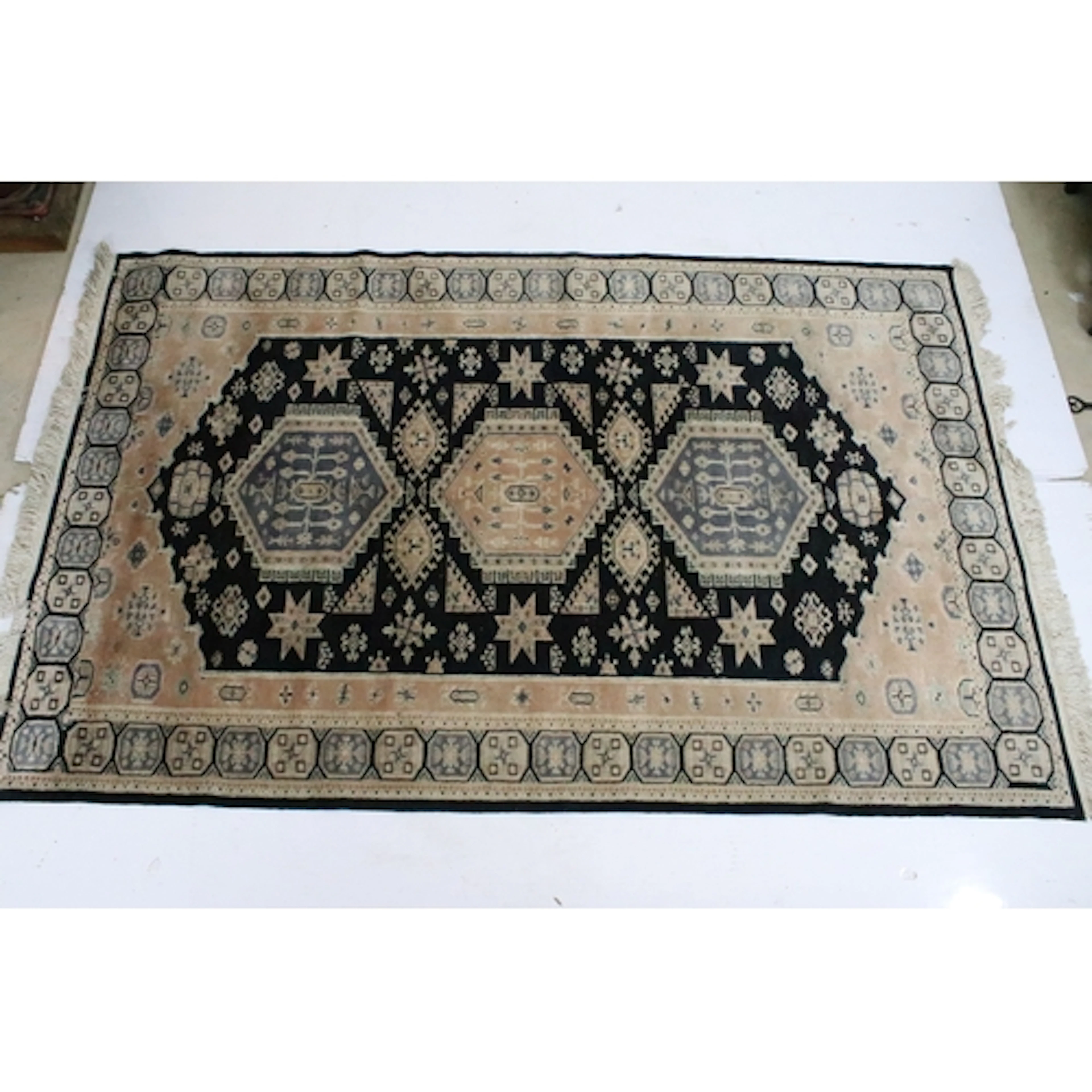 Hand-knotted Turkish Oushak rug, having deep blue ground wit...