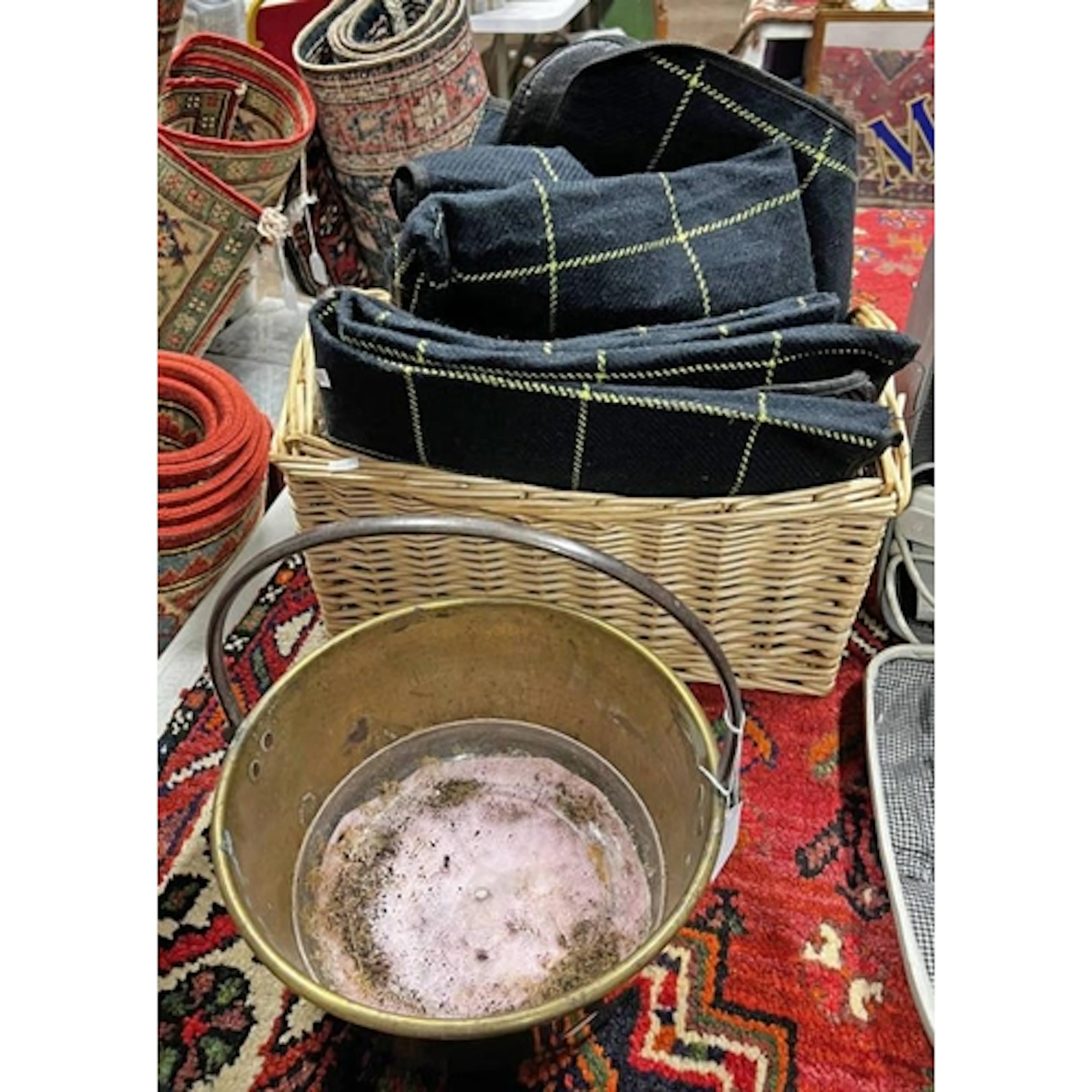 BRASS JELLY PAN, WICKER BASKET AND TWO TARTAN COVERS