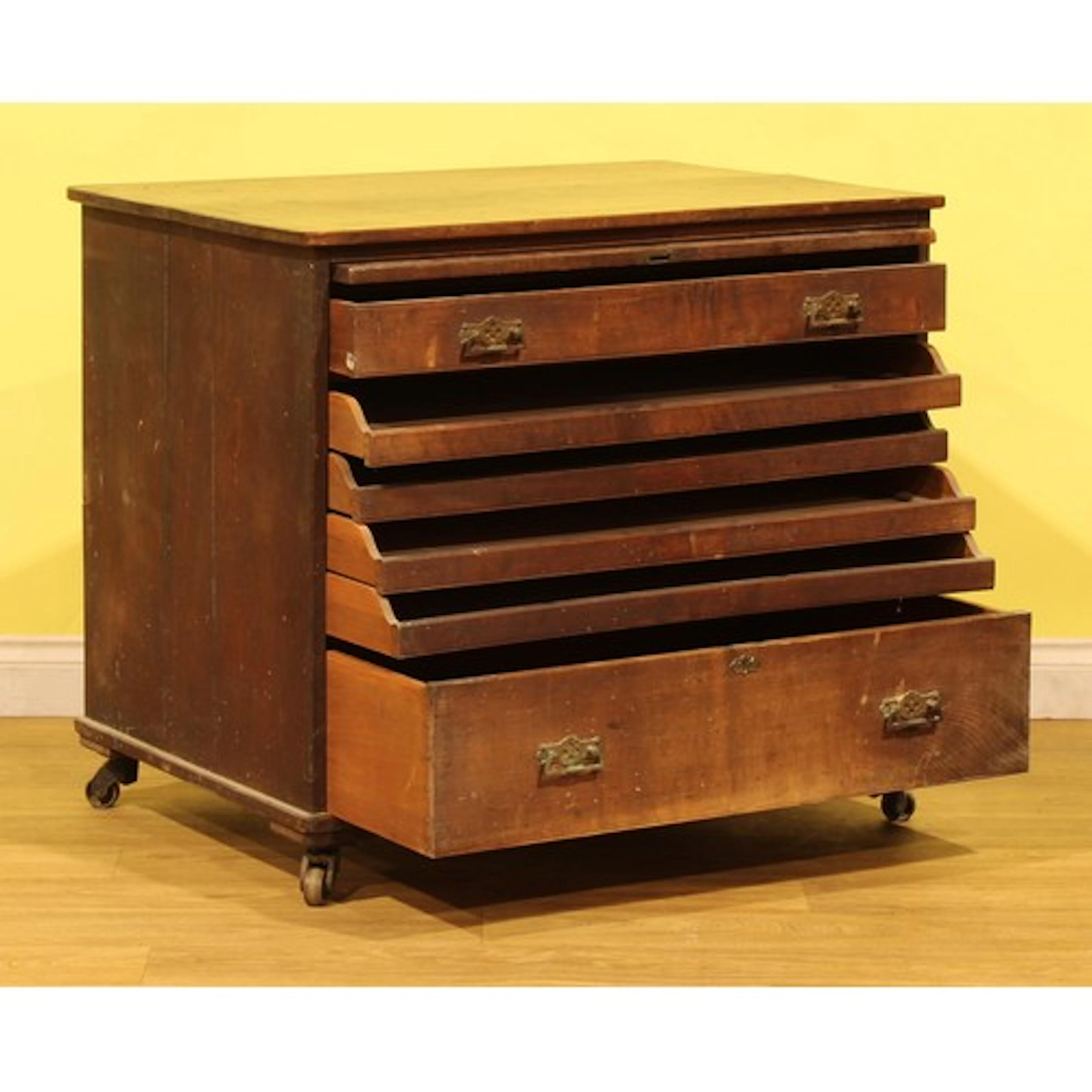 A 19th century teak campaign-type plan chest or map cabinet,...