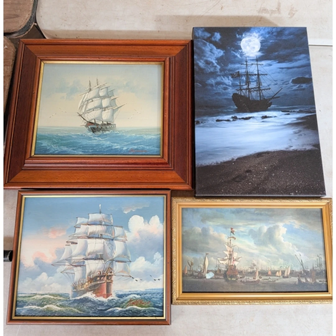 Two sailing galleon paintings and two others