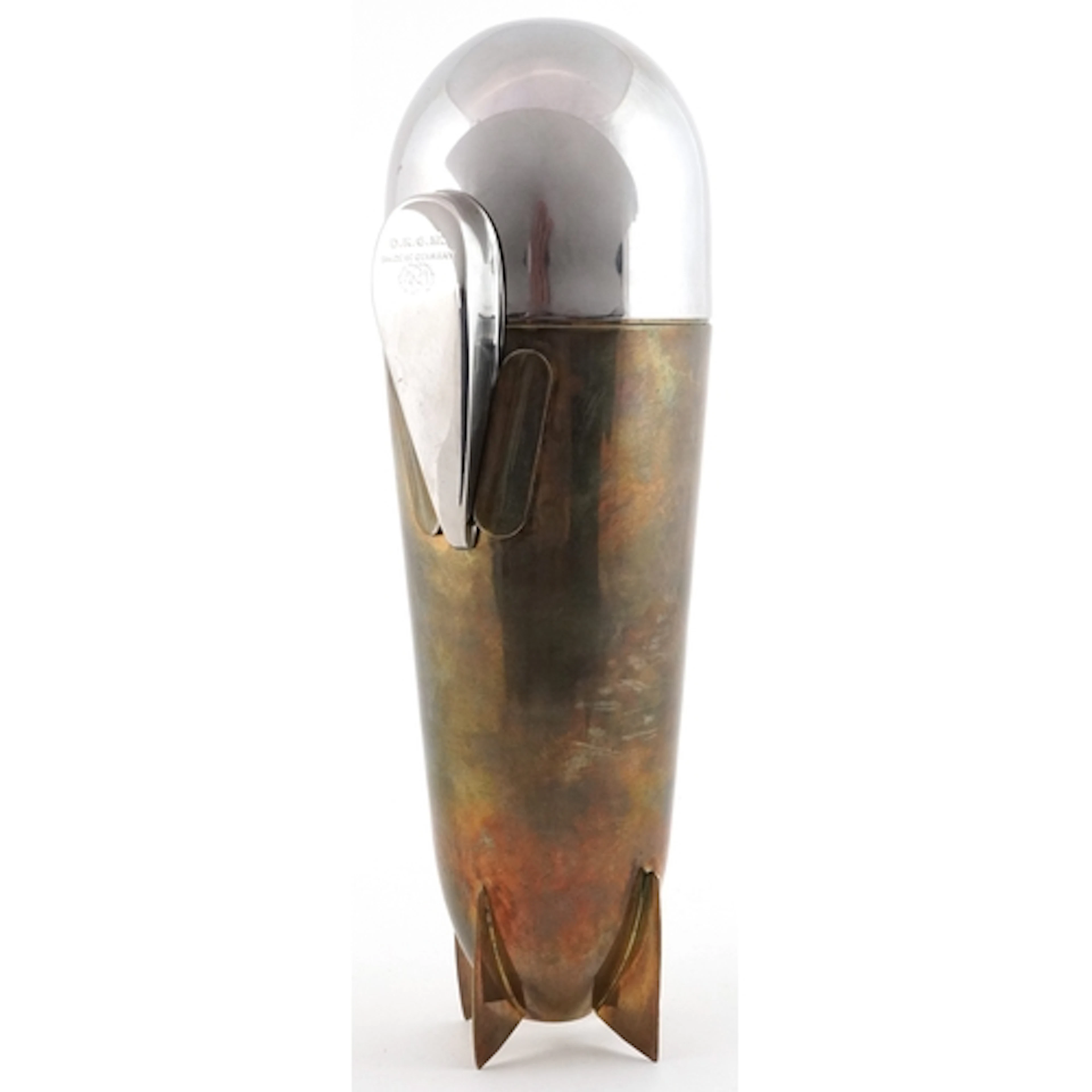 Silver plated and brass cocktail shaker in the form of a zep...