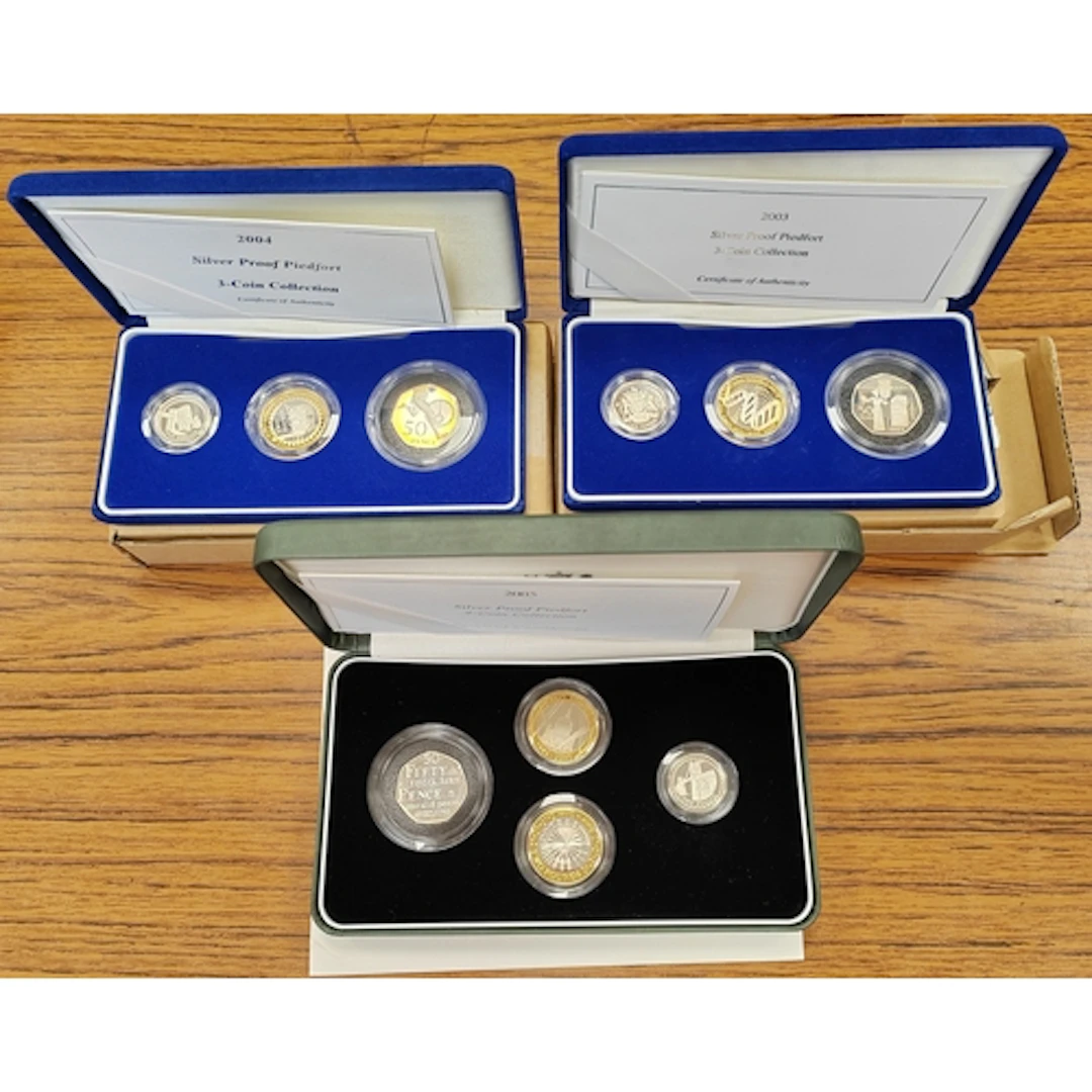 Range of silver proof piedfort cased sets FDC, includes 2003...