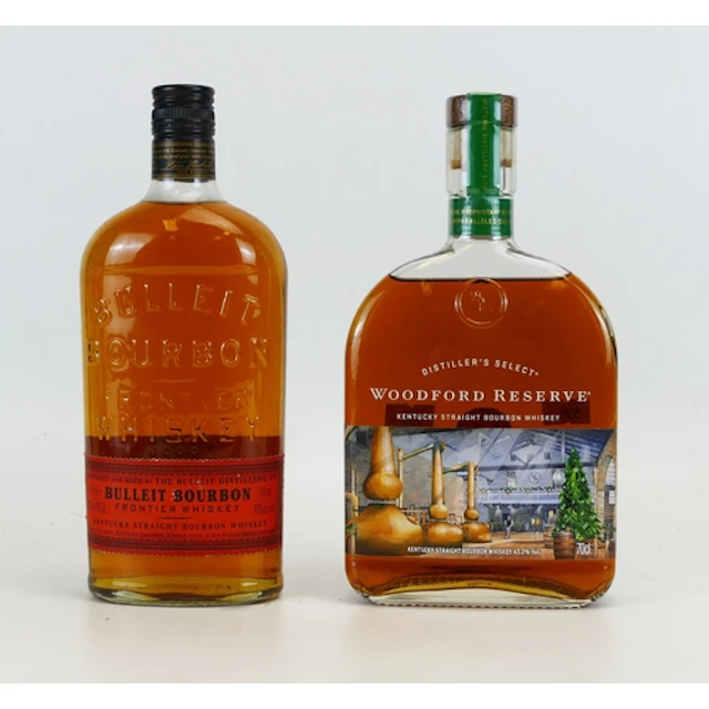 Two bottles of American Bourbon whiskey including Bulleit bo...