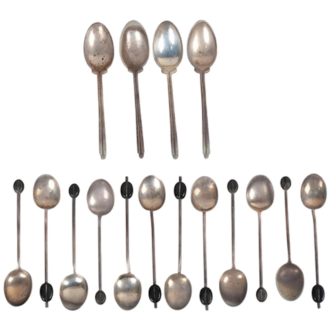 Various silver spoons, including set of 4 golf club coffee s...