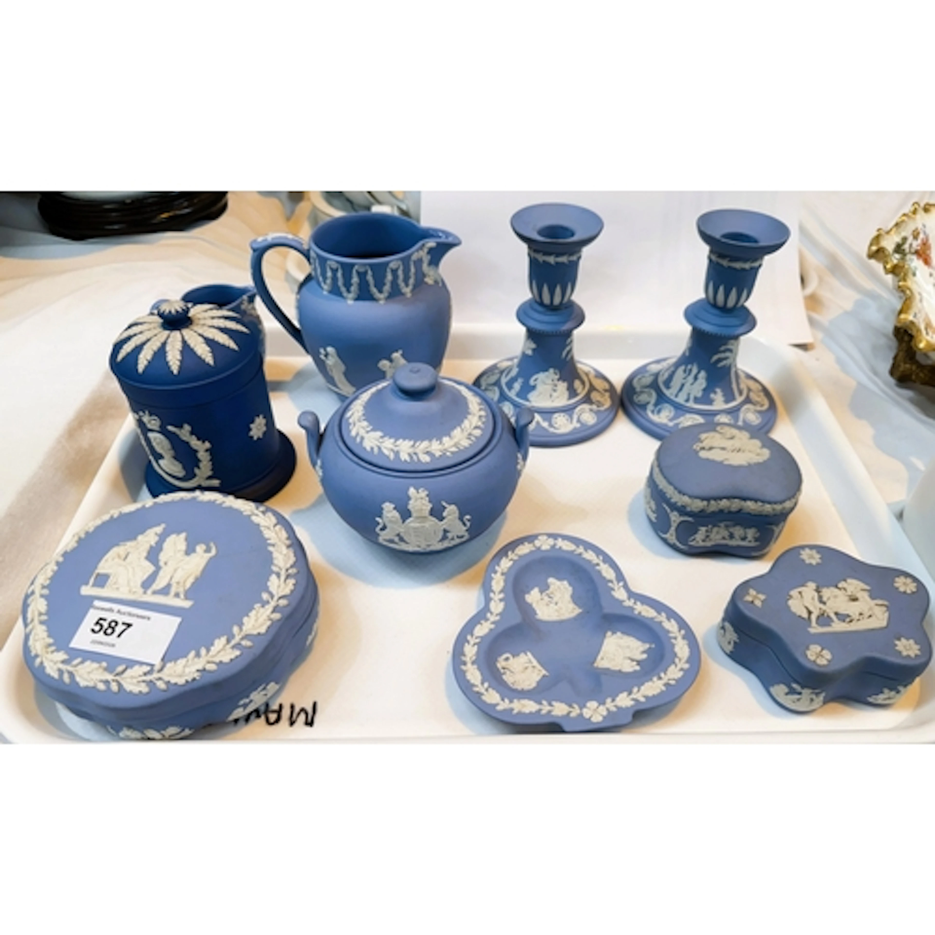 A selection of Wedgwood blue Jasperware.