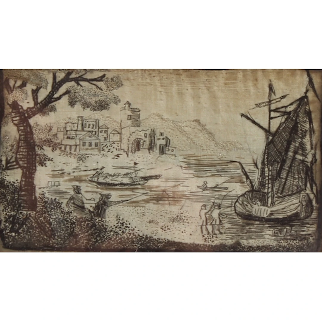 A 19th century silk picture, of a harbour, 9.5cm x 15.5cm