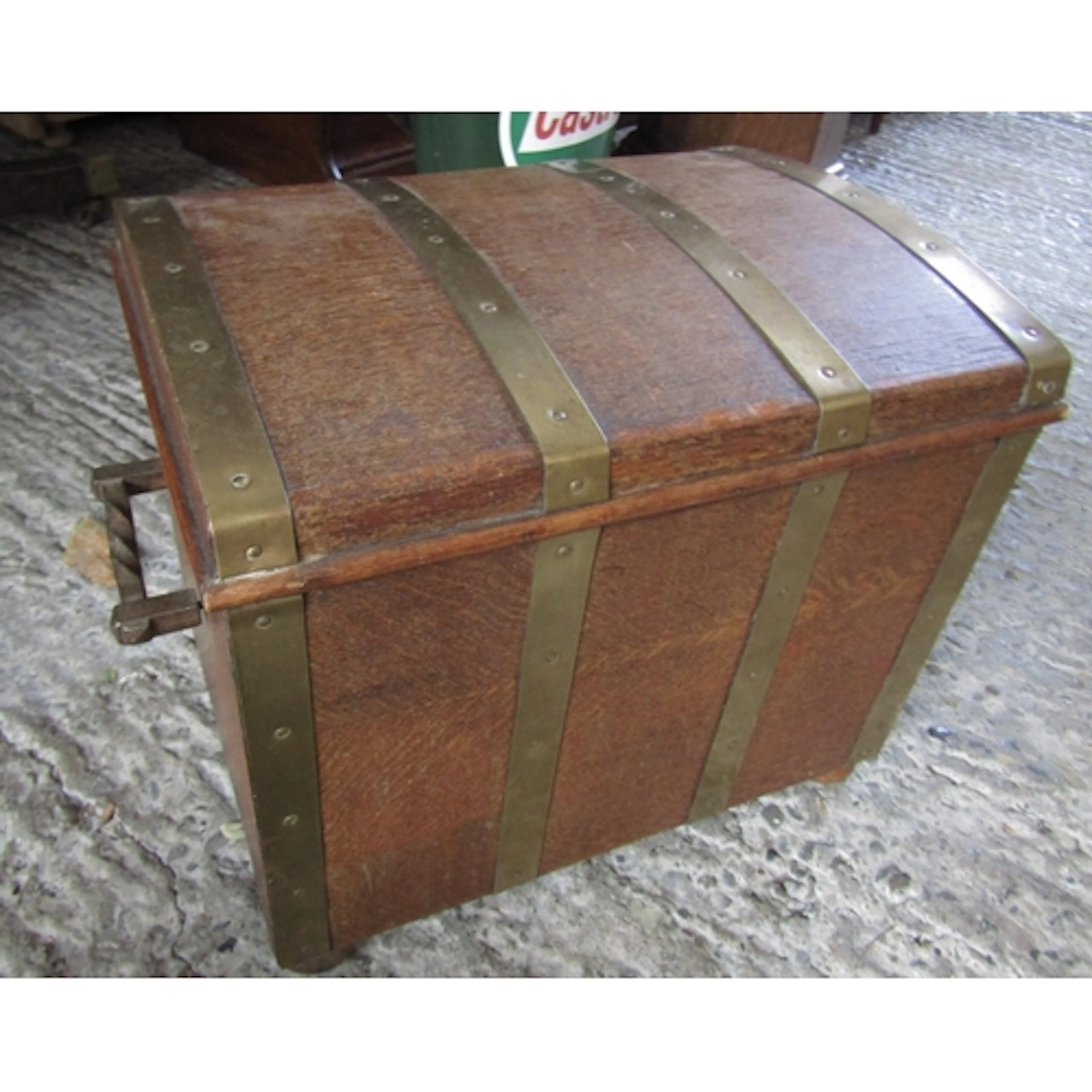 Antique Coal Bunker Chest Form Brass Bound with Iron Side Ca...