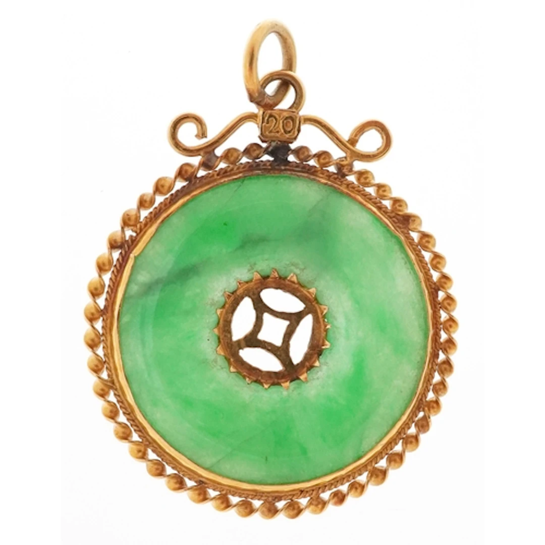 Chinese high carat gold and green stone disc pendant, tests ...