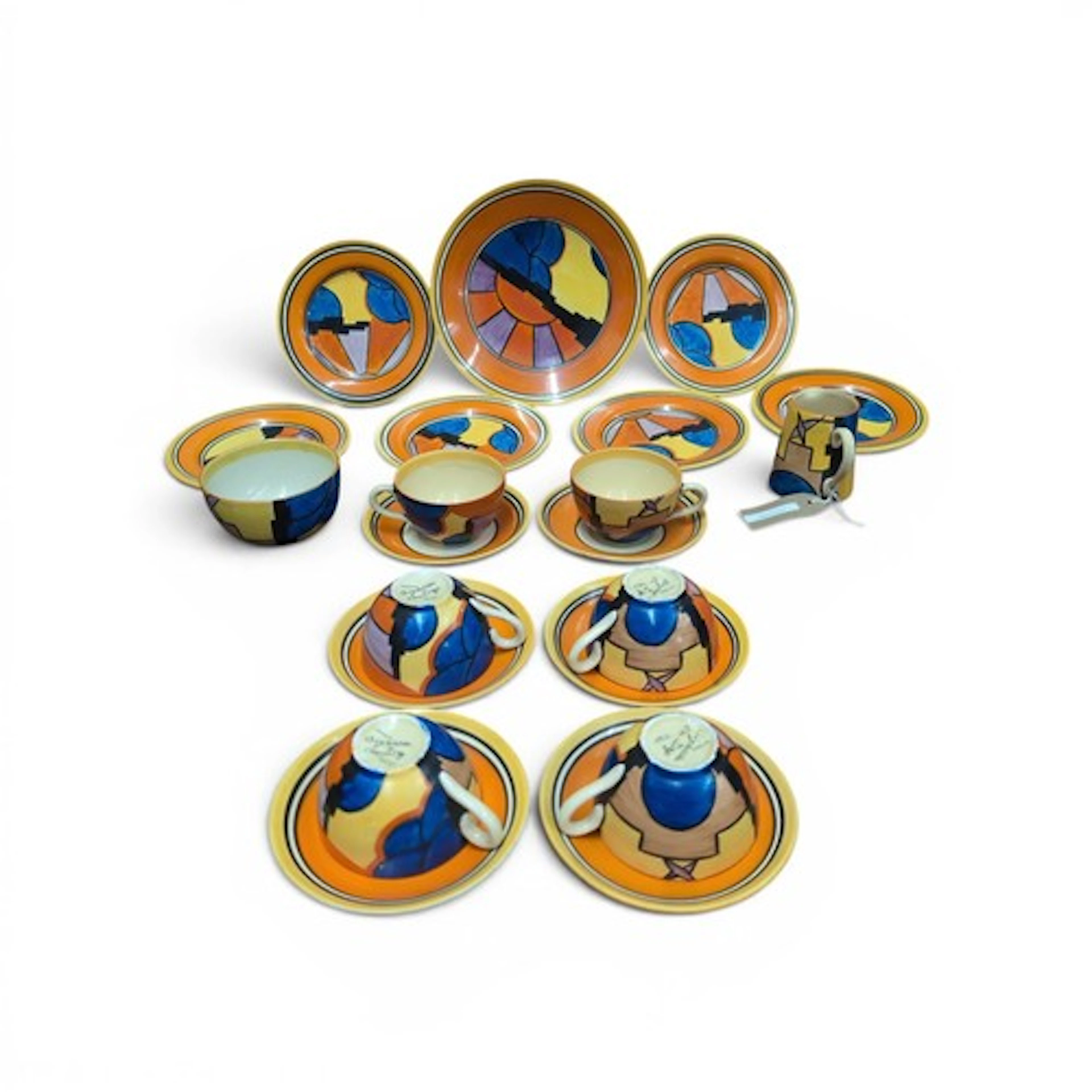 Clarice Cliff Sunray (Night and Day) tea set for six, i...