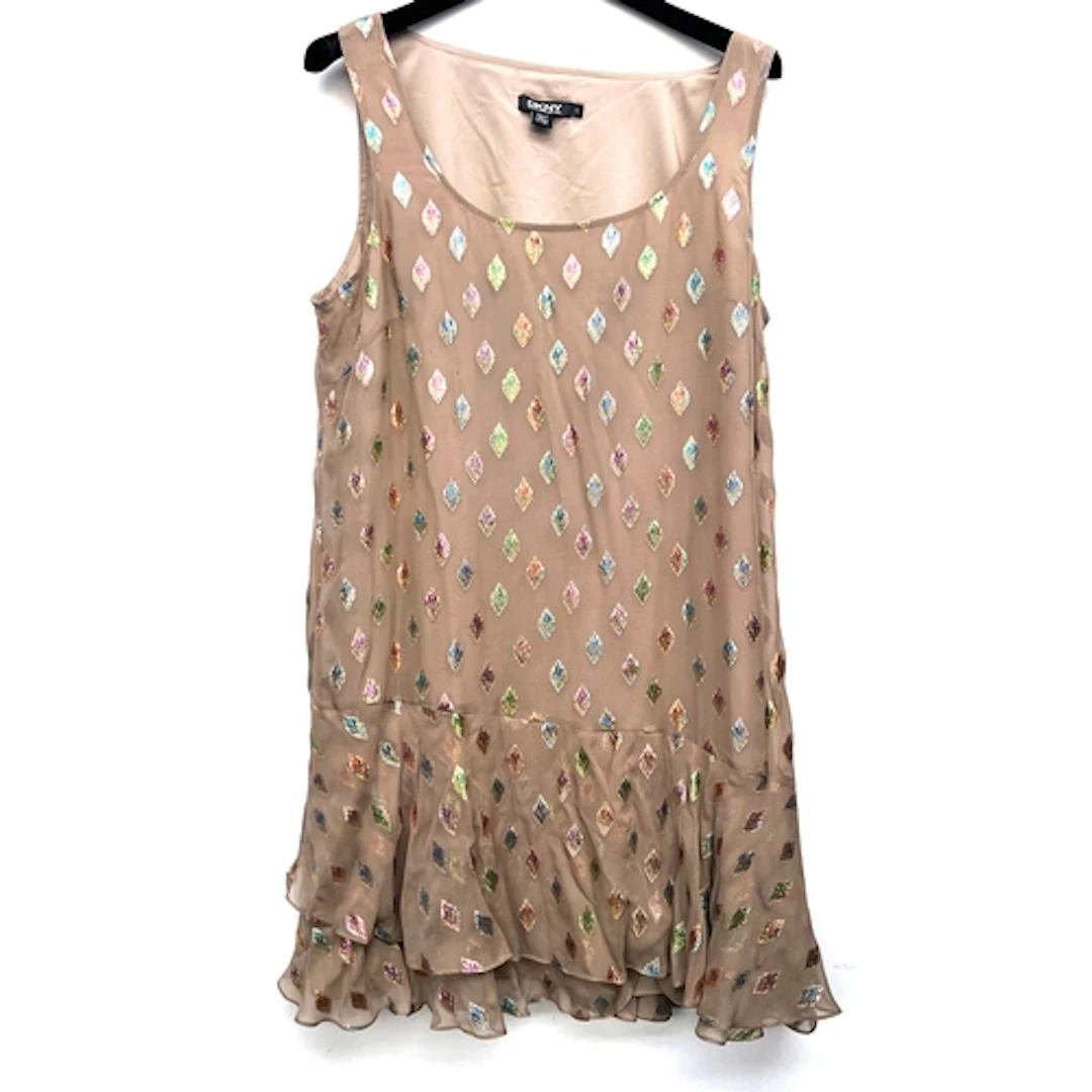 Four DKNY dresses: A DKNY brown silk blend dress with multic...