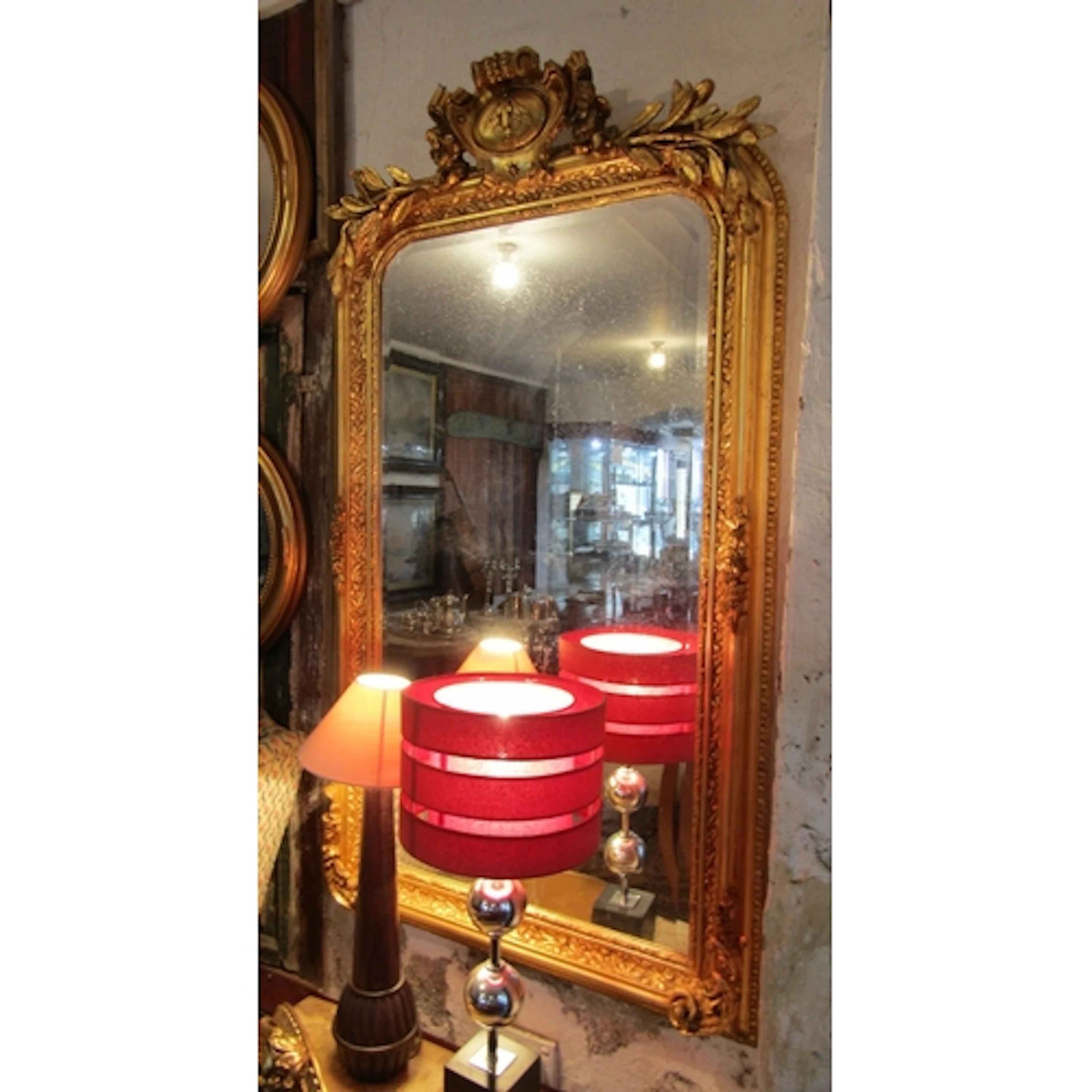 Gilded Rectangular Form Wall Mirror Upper Cartouche Decorati...