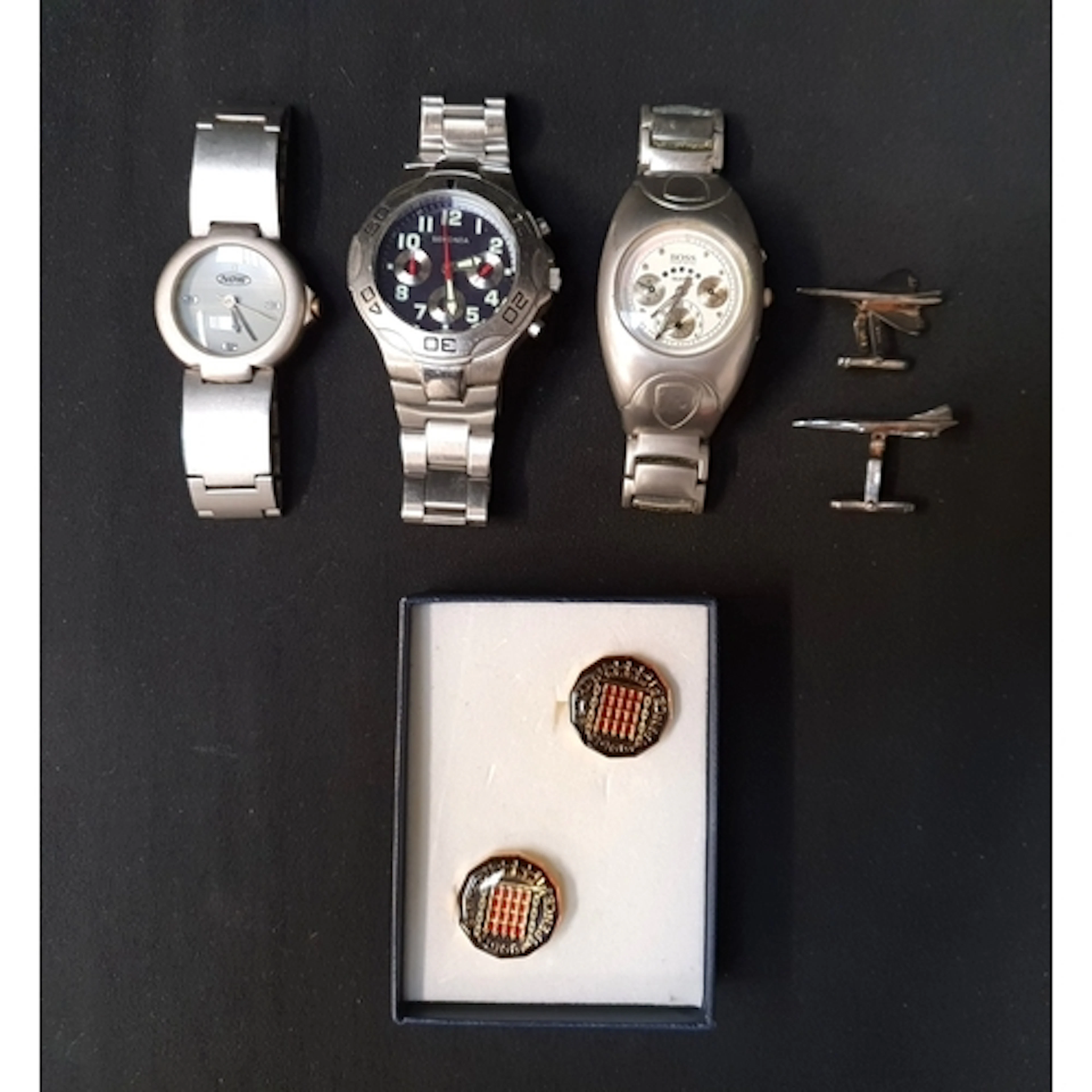 PAIR OF SILVER CUFFLINKS AND THREE WATCHES the cufflinks in ...