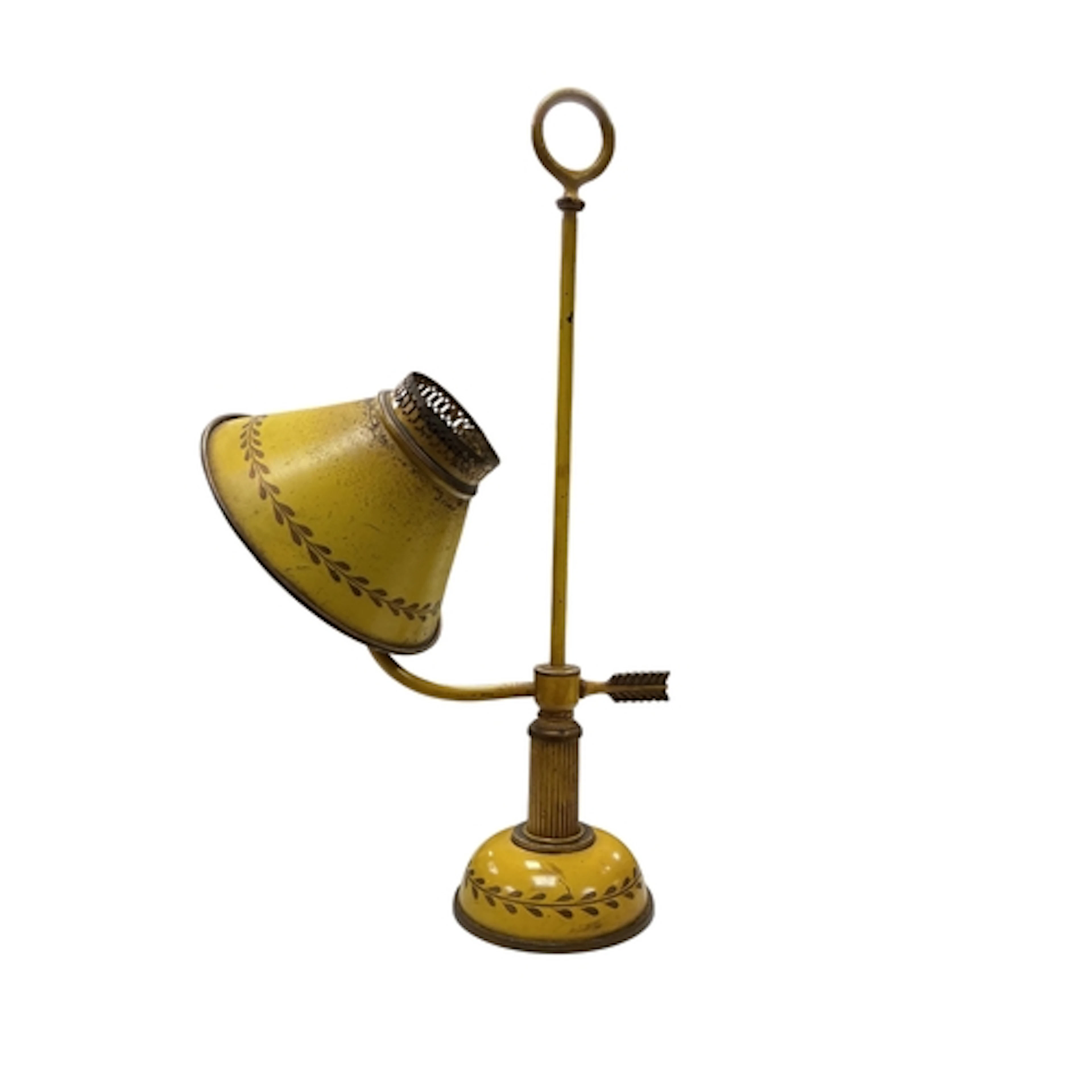 A French yellow toleware bouillotte type lamp, height 50cm....