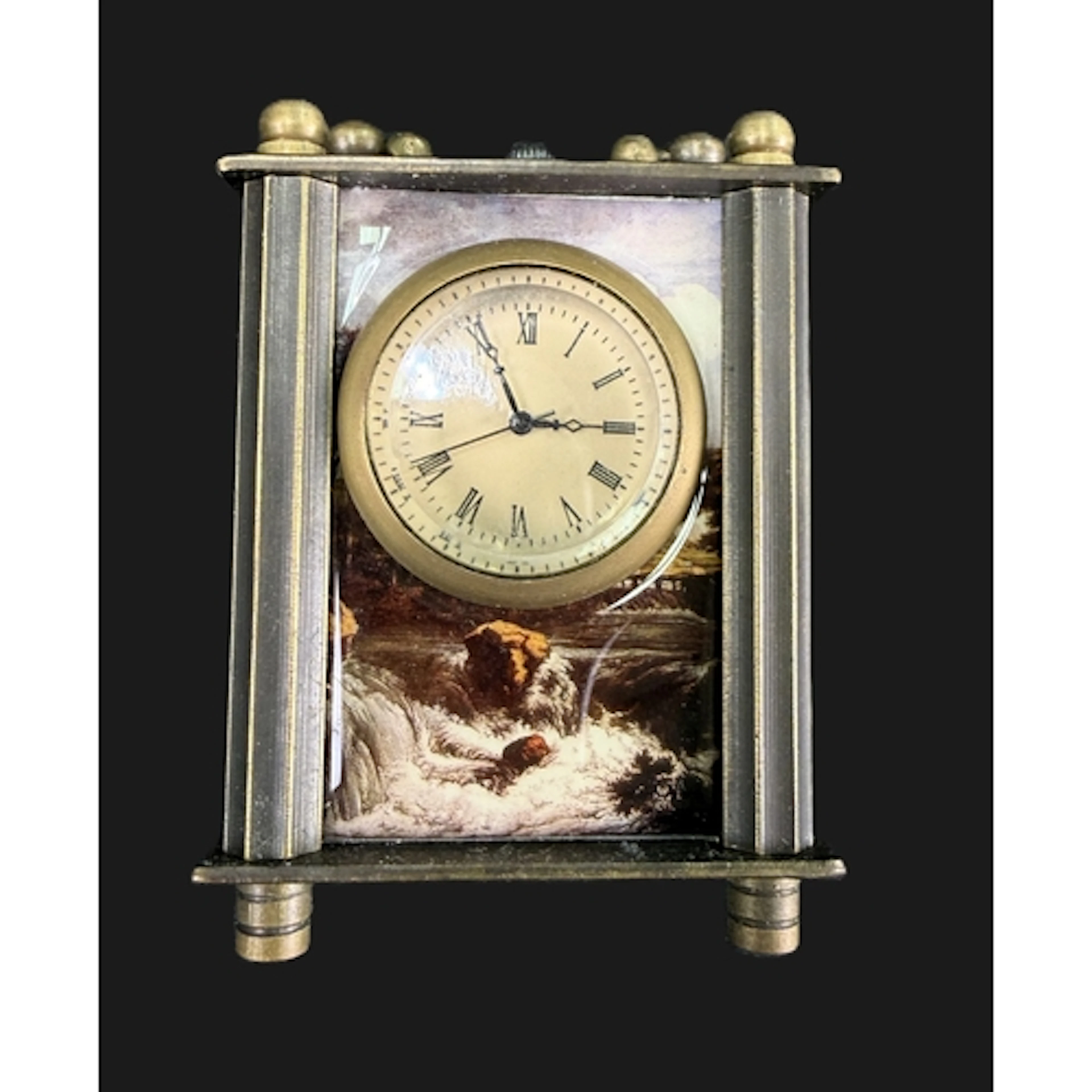 A miniature carriage clock with decorative painted panels, t...