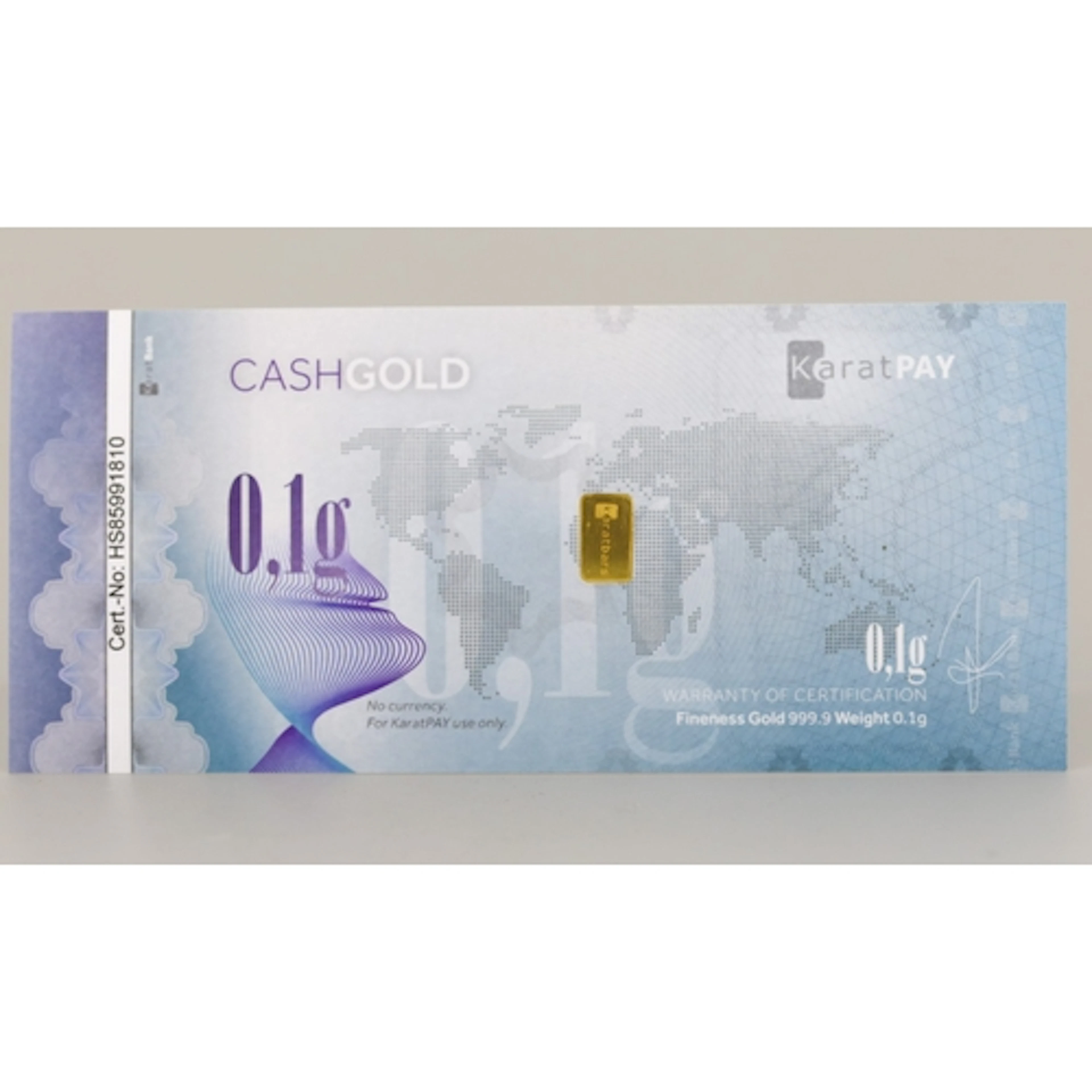 0.1g Fine 999,9 Gold Bar Laminated CashGold Note
