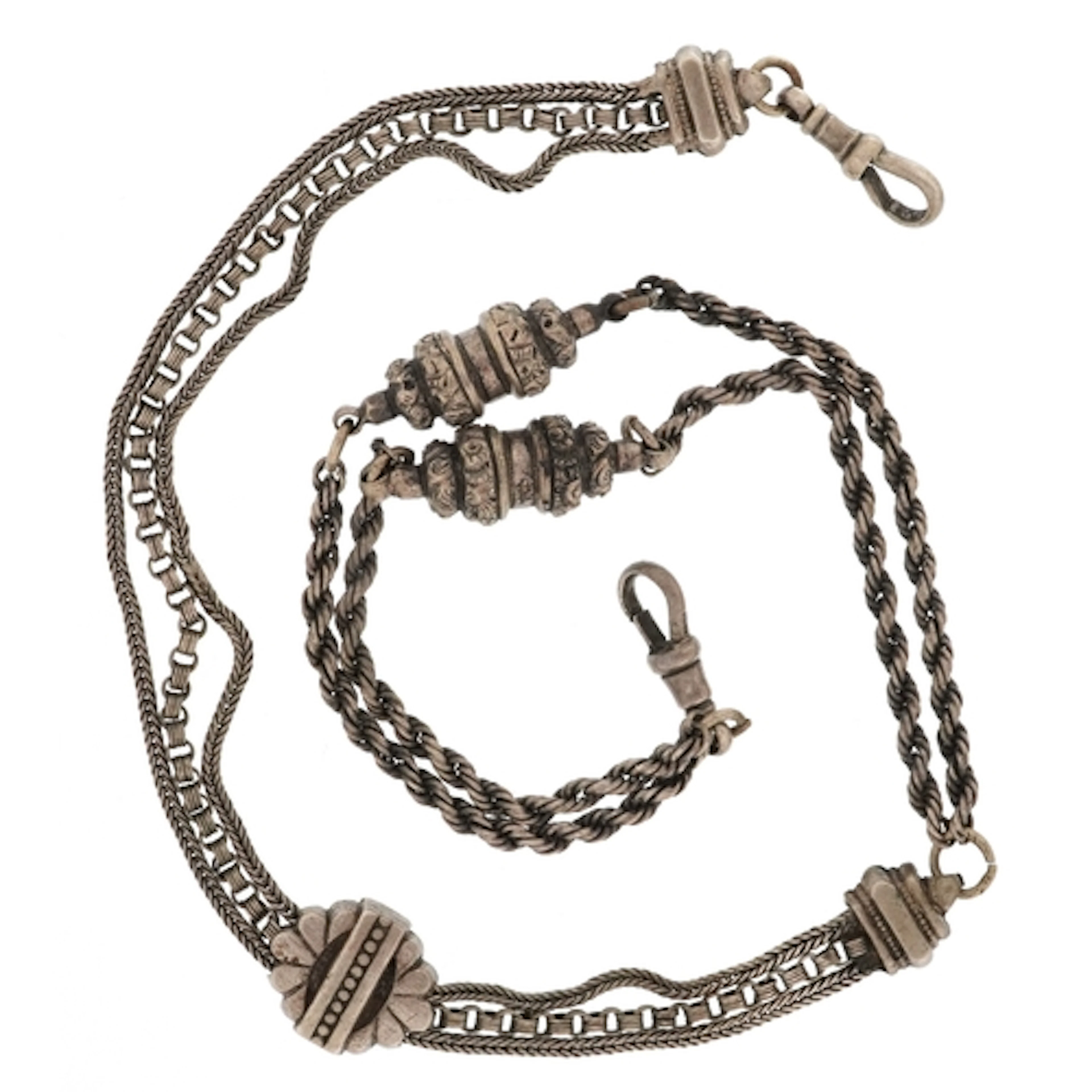 Antique white metal Albertina watch chain with dog clip clas...
