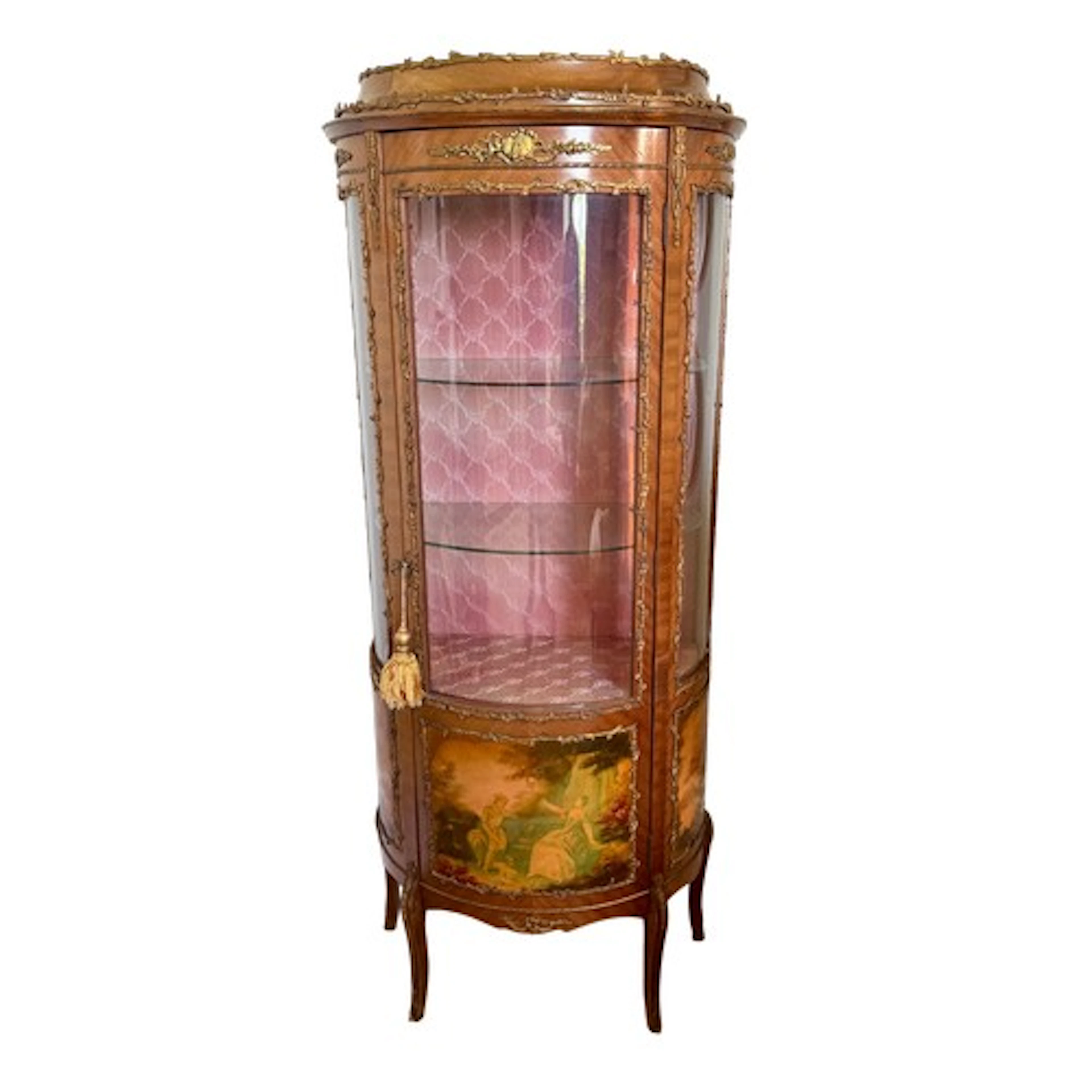 A demi lune kingwood and painted display cabinet with gilt m...