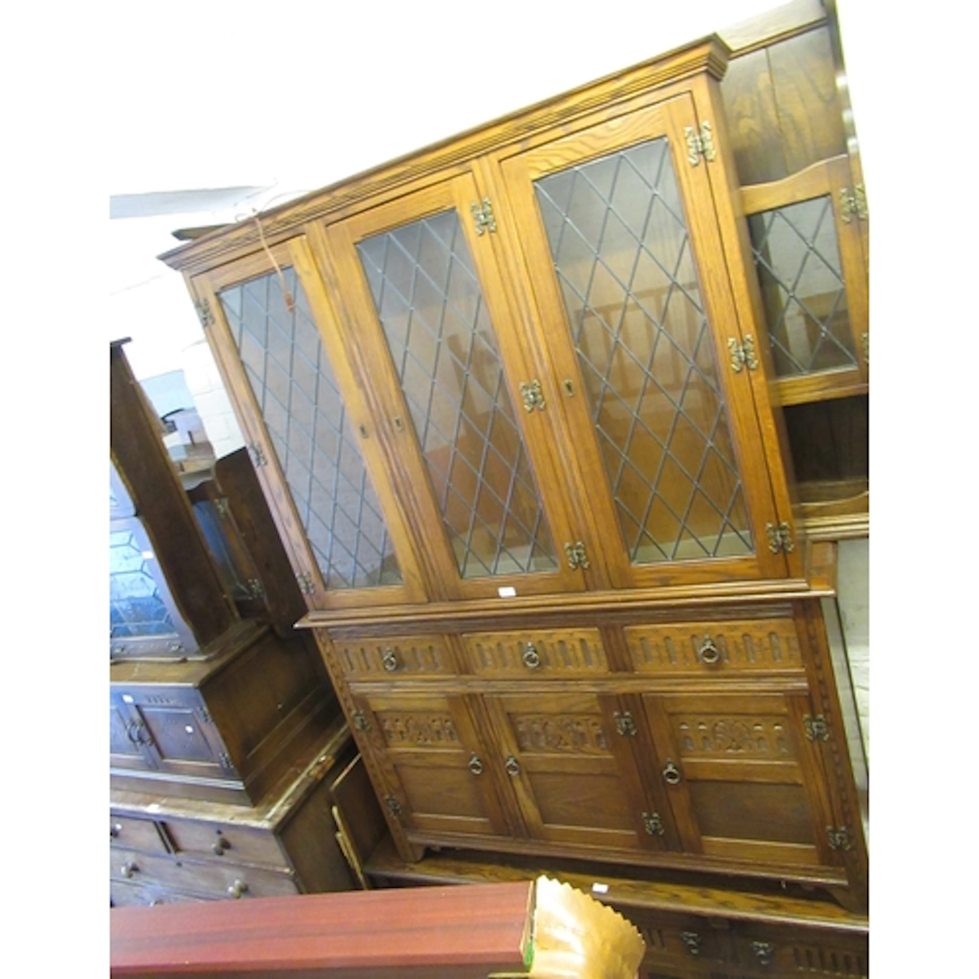 Reproduction oak three door bookcase, 186 x 132cm