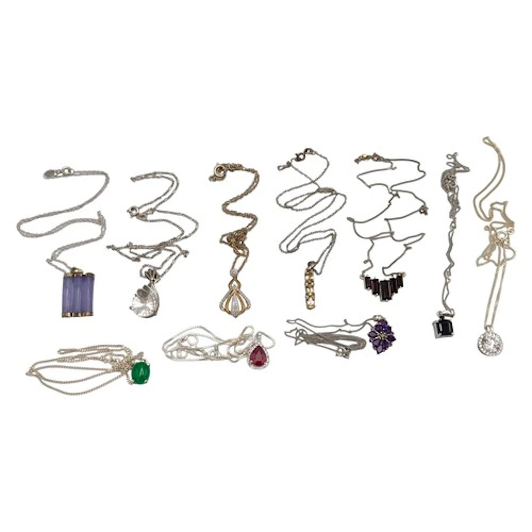 Pendants - ten silver and silver metal mounted pendant neckl...