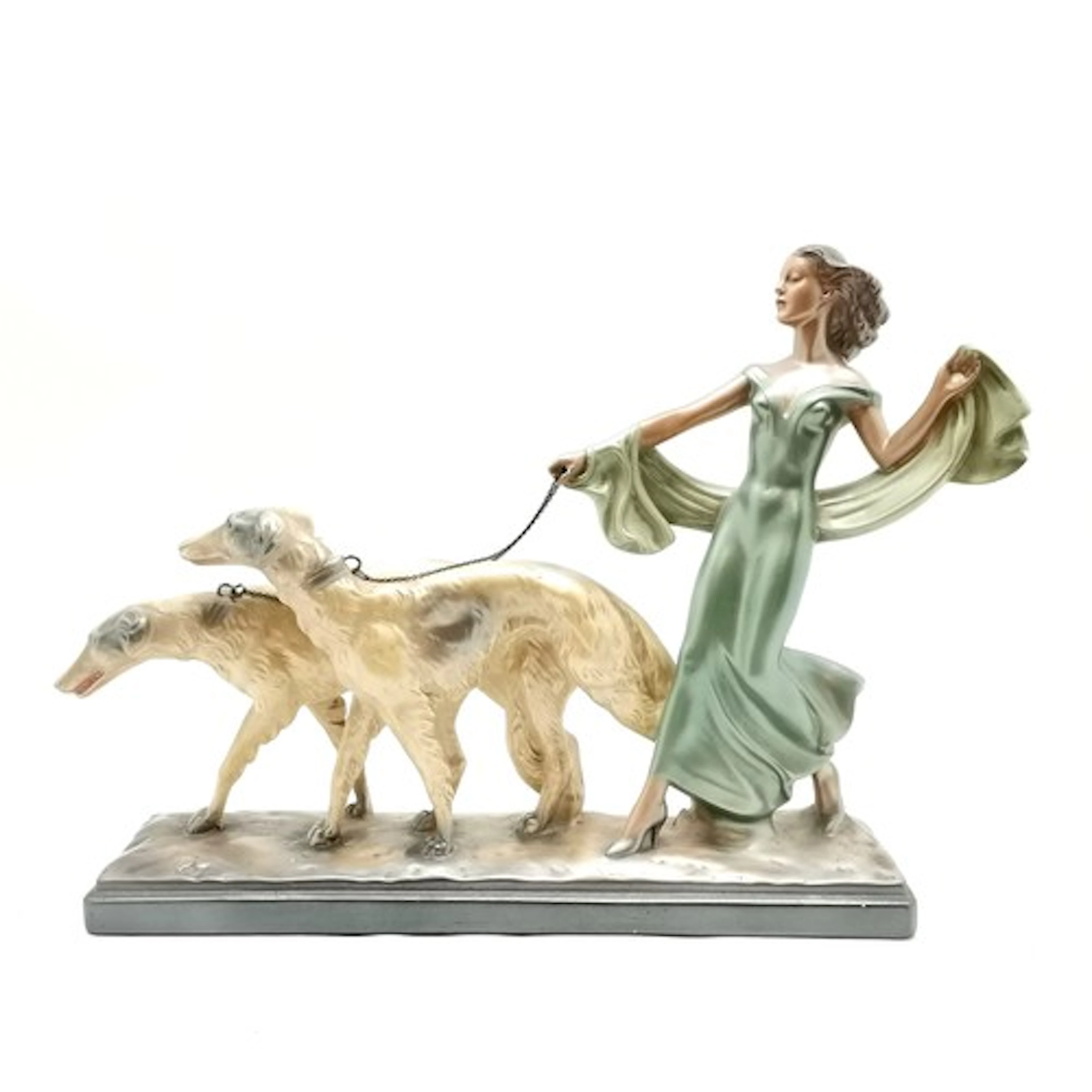 Art Deco figurine of lady walking with 2 borzoi dogs & has o...