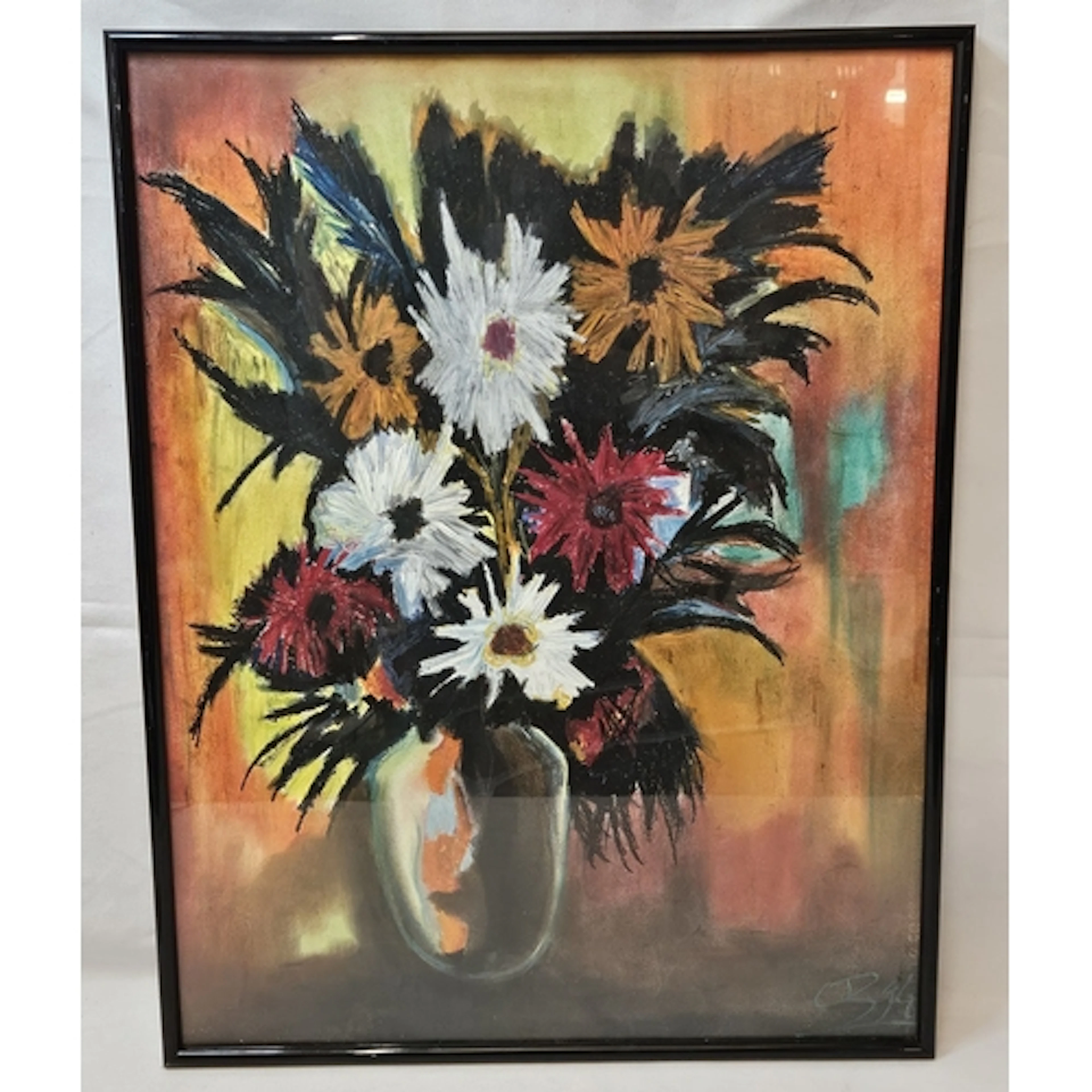 F/g Pastel on Paper, still life flowers indistinctly signed ...