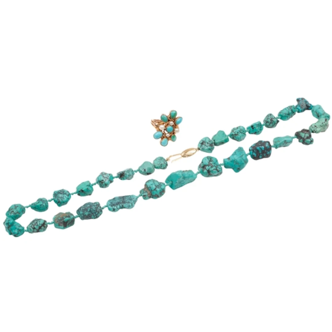 A turquoise and pearl ring, and an imitation turquoise neckl...