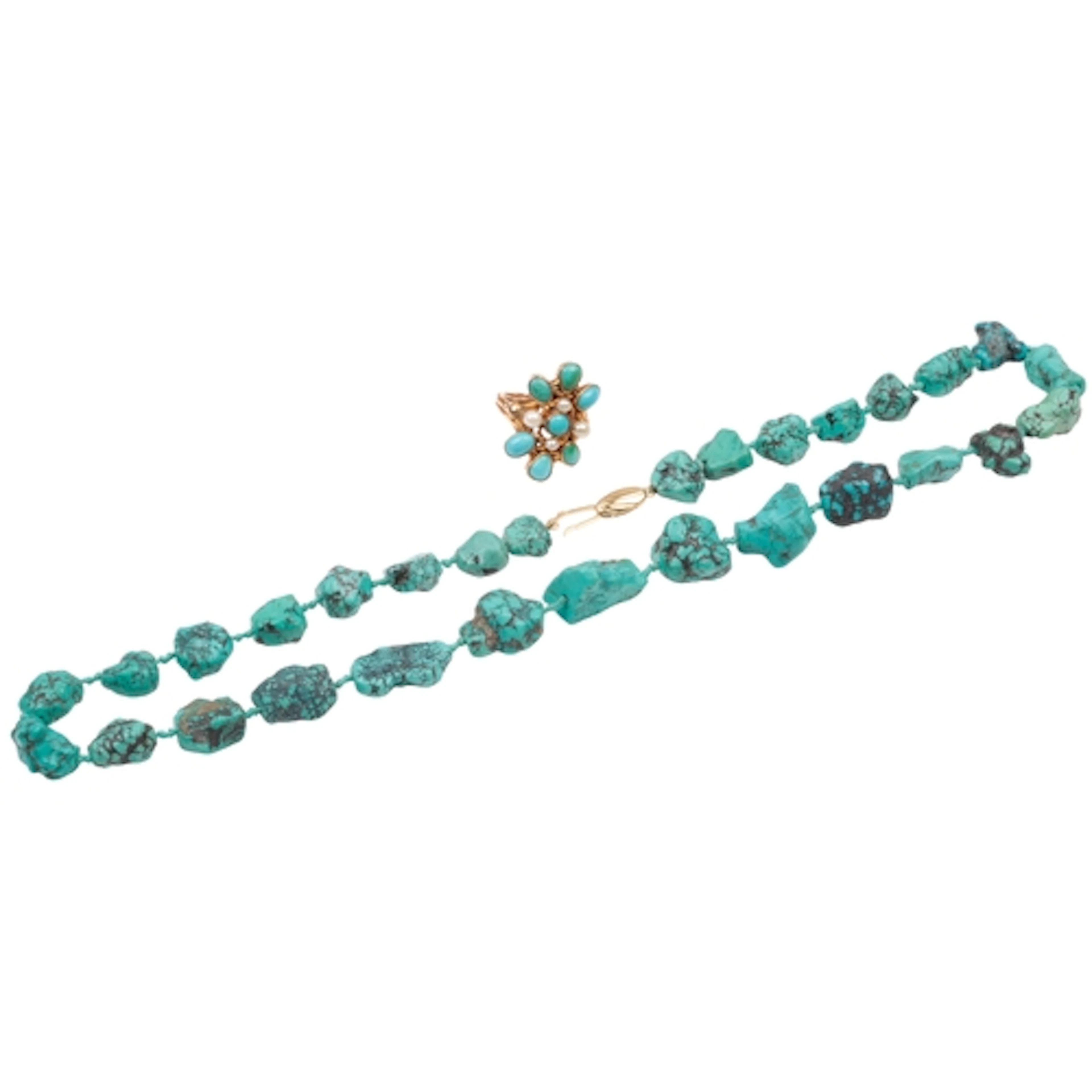 A turquoise and pearl ring, and an imitation turquoise neckl...