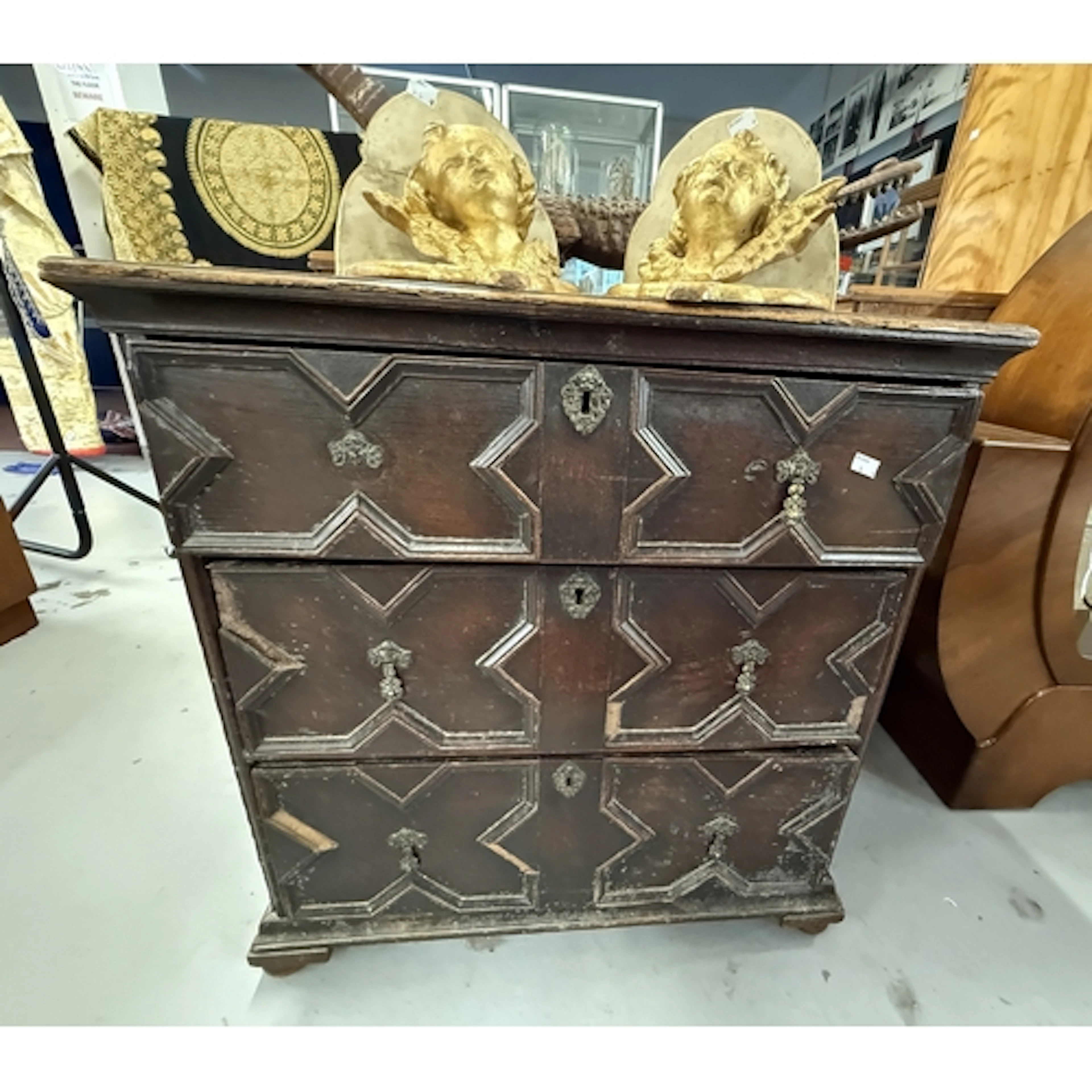 Furniture: Furniture: 19th-centiury oak Jacobean style thre...