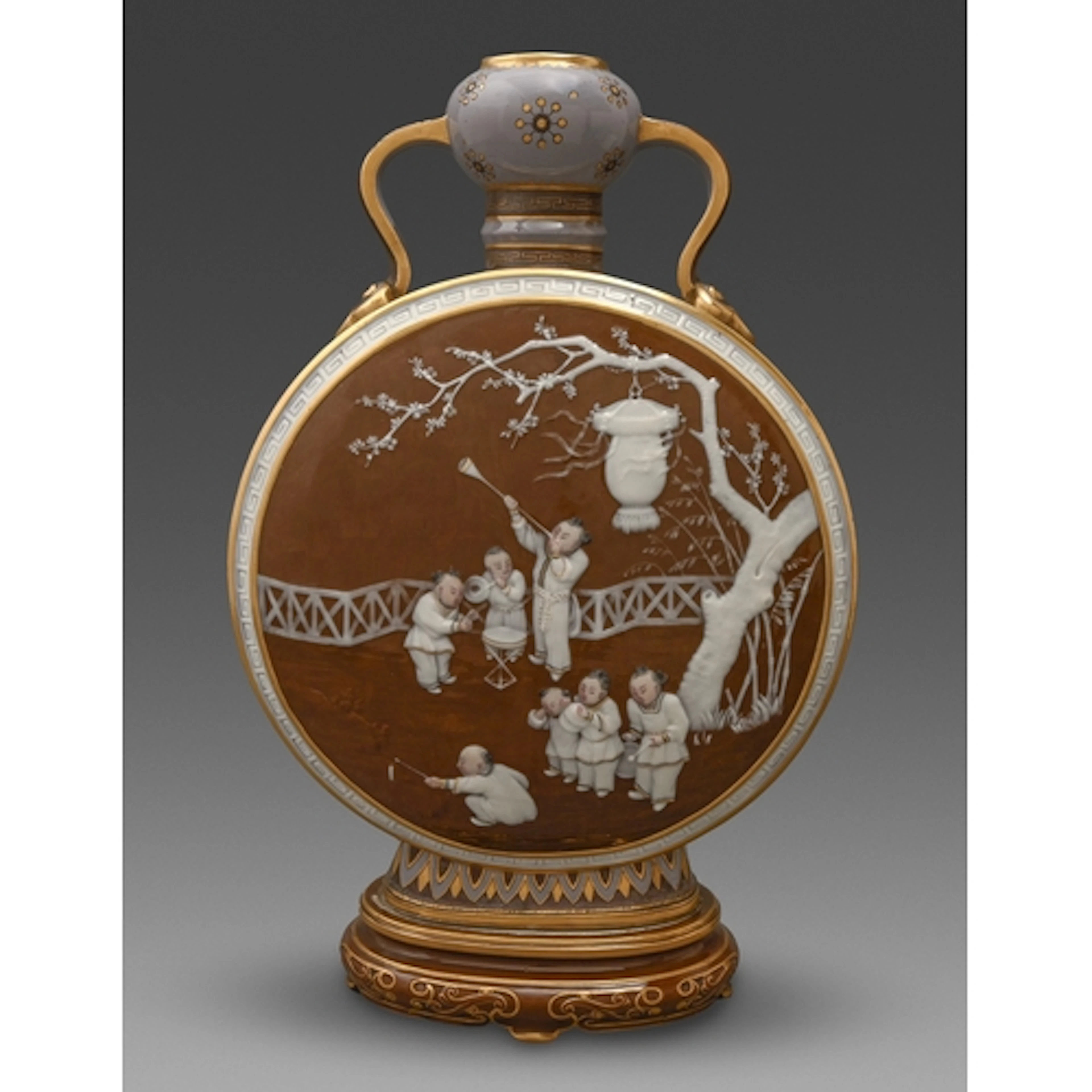 A Mintons pate-sur-pate pilgrim bottle, c1875, finely paint...