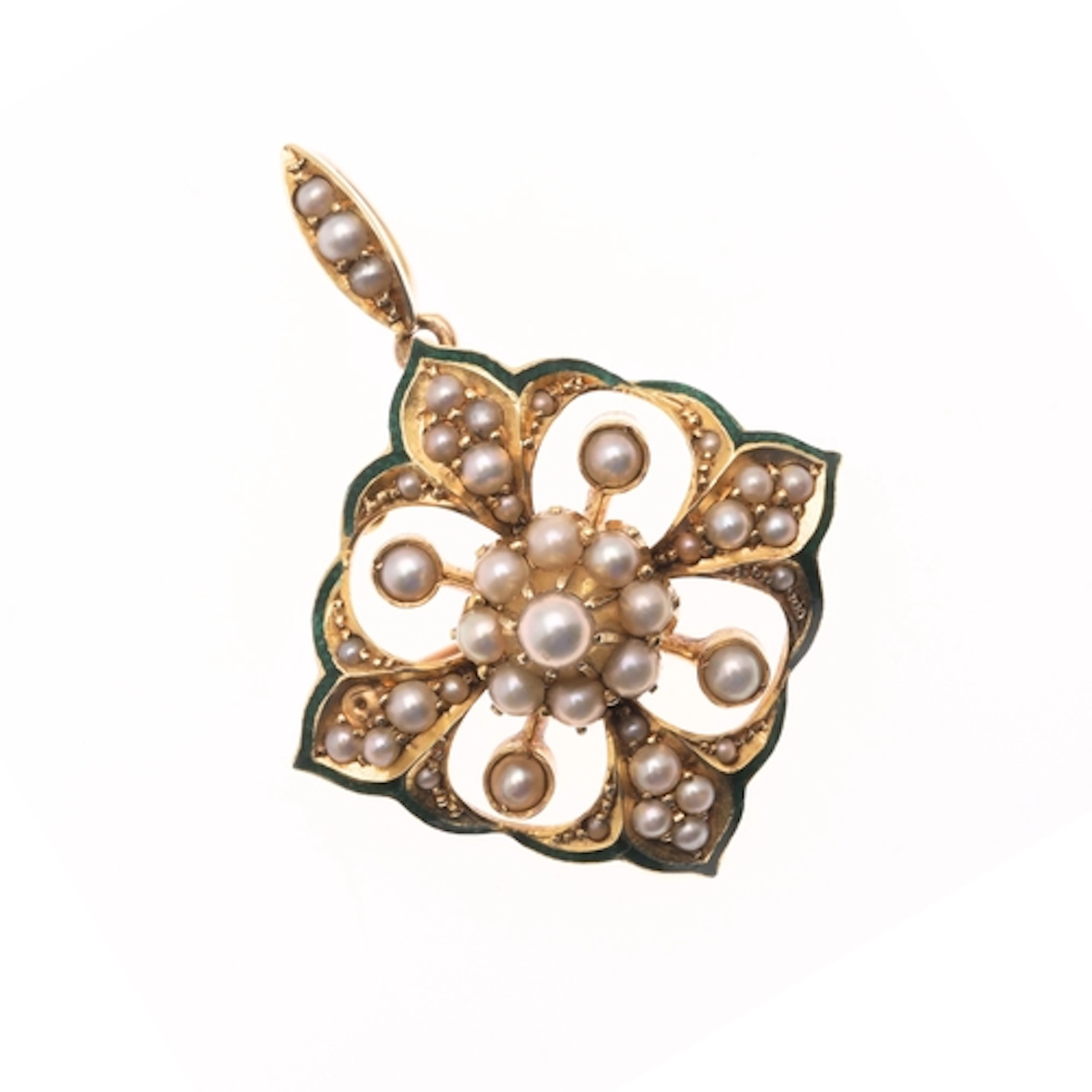 A VICTORIAN PEARL, ENAMEL AND 15CT GOLD BROOCH PENDANT. of o...