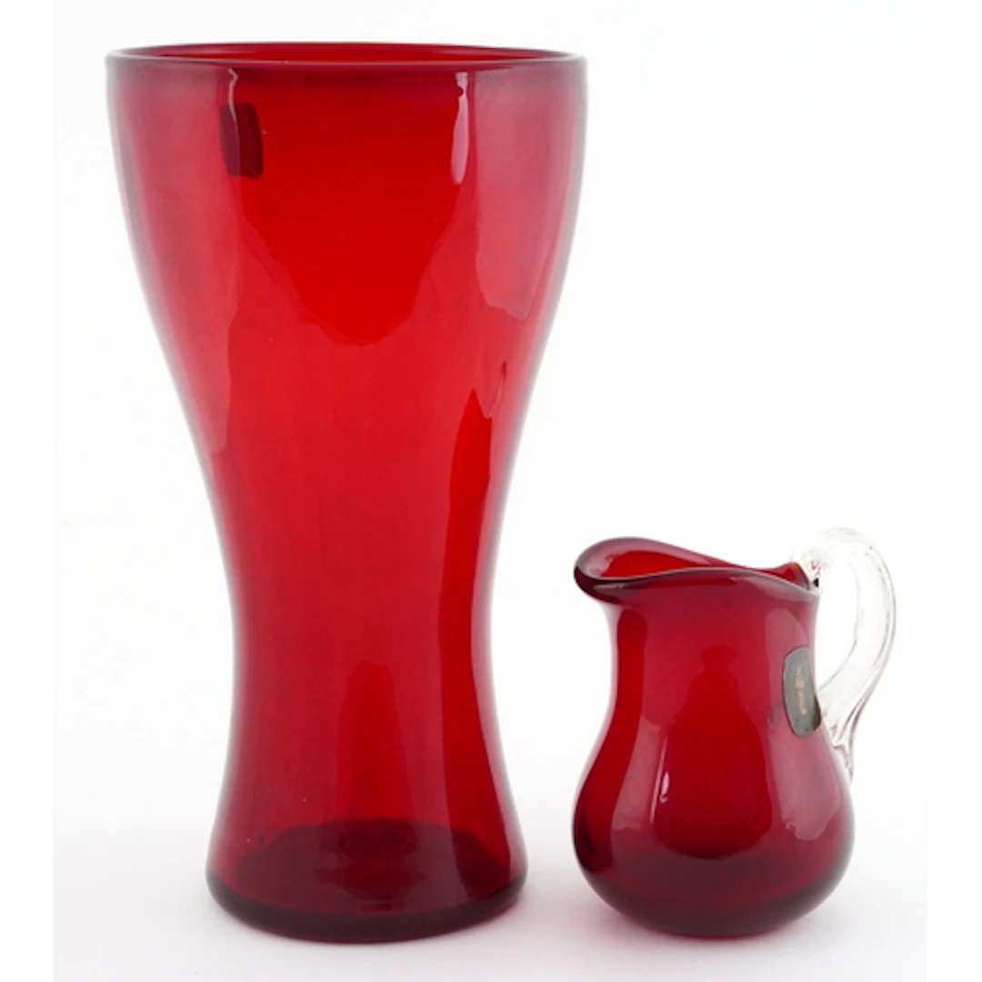 Whitefriars ruby glass vase and jug, each with original labe...
