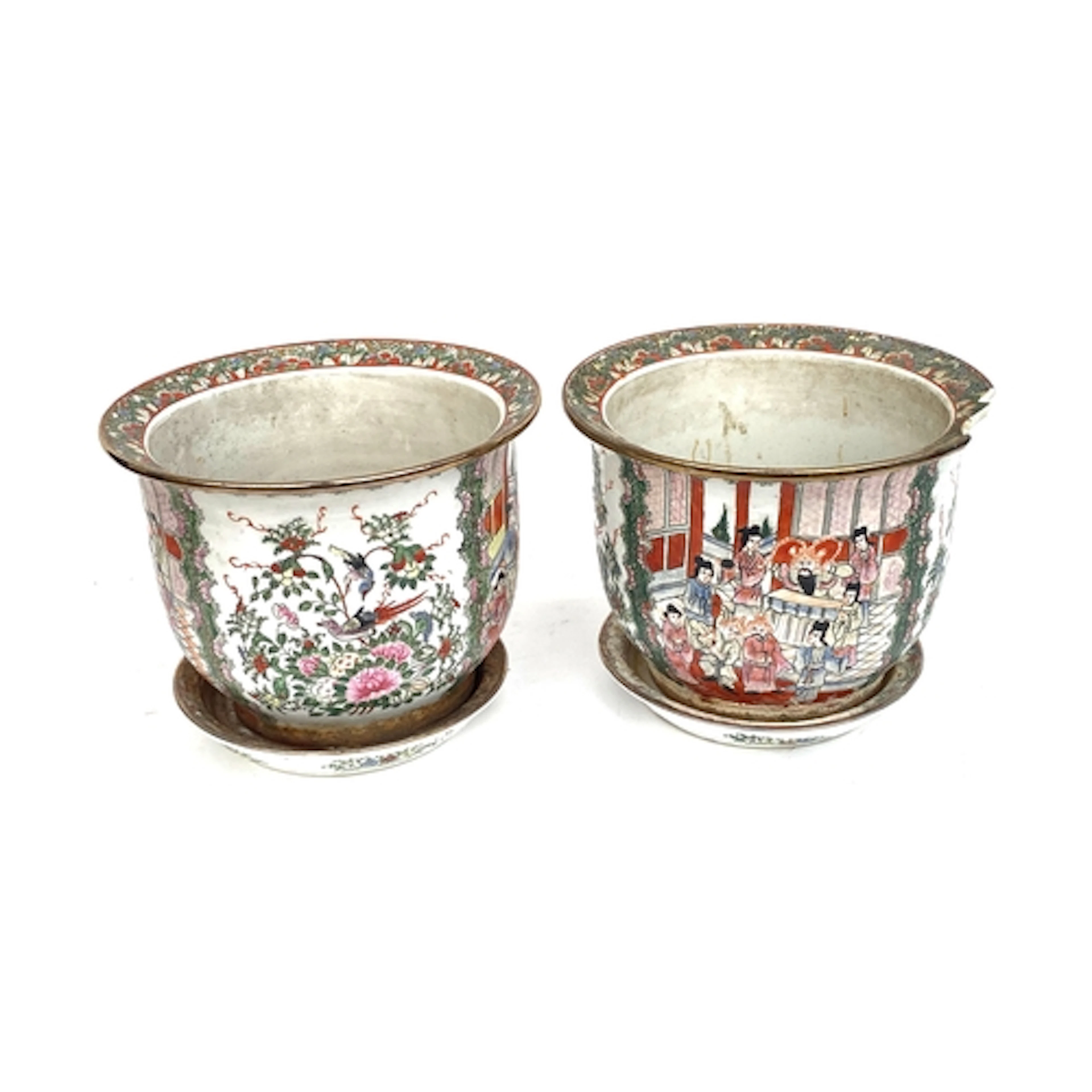 A pair of 20th century famille rose planters depicting palac...