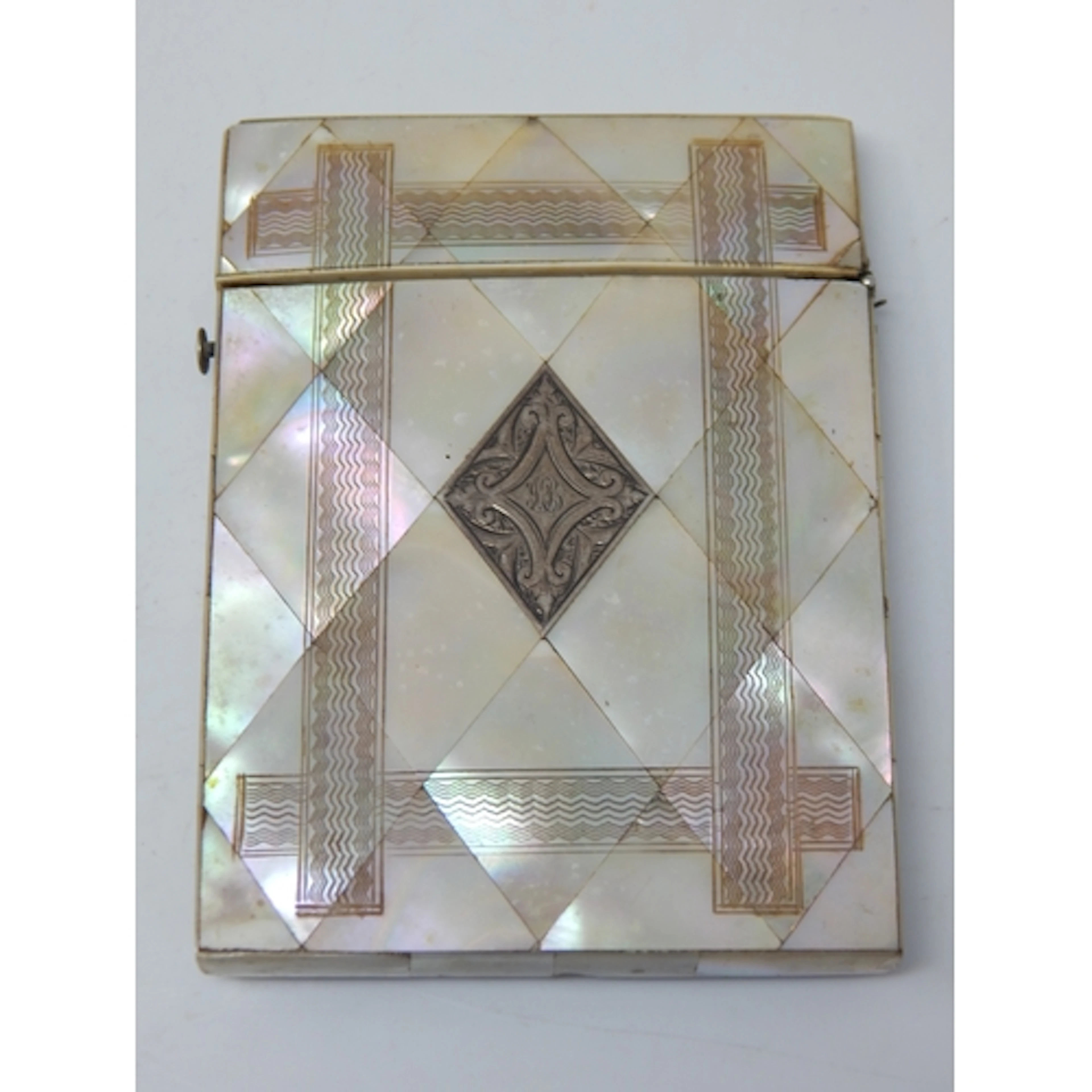 A Victorian Mother of Pearl Card Case with Inset Silver Pane...