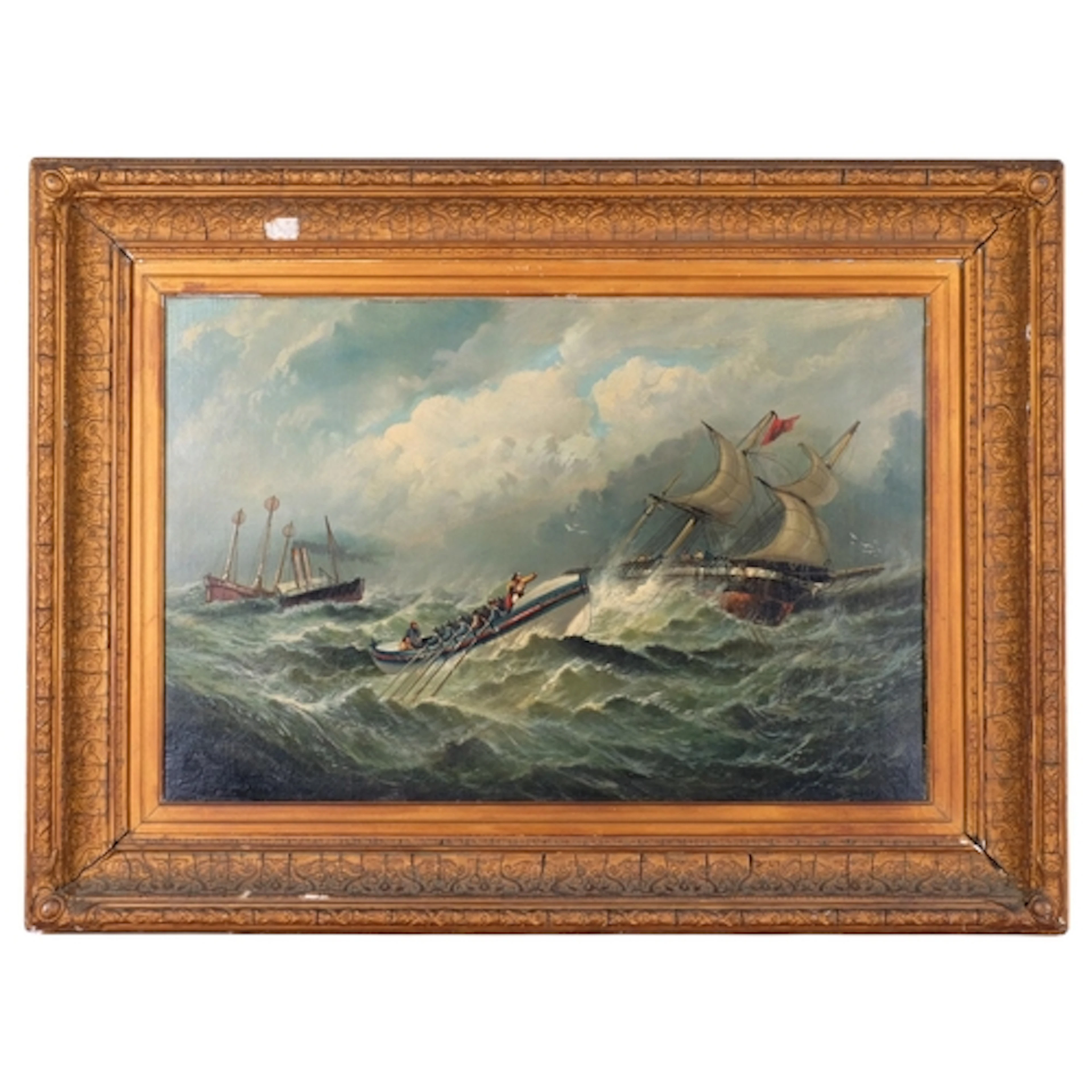 19th century British School, lifeboat and shipping in a stor...