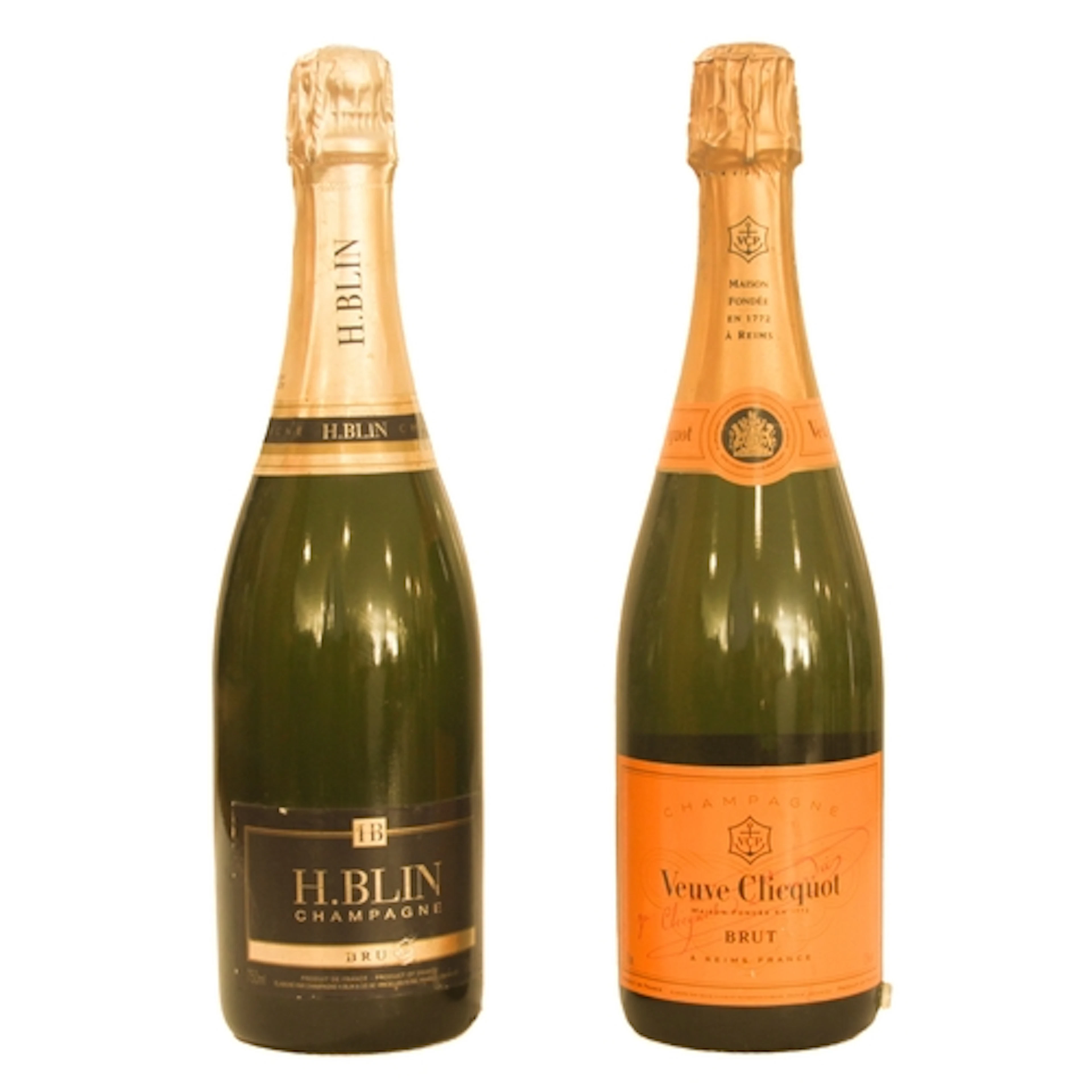 Two bottles of brut champagne - Veuve Clicquot and H. Blin