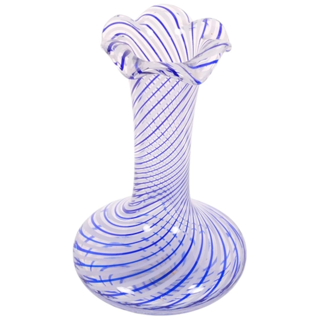 A blue and white swirled Art glass vase, with crimpled top e...