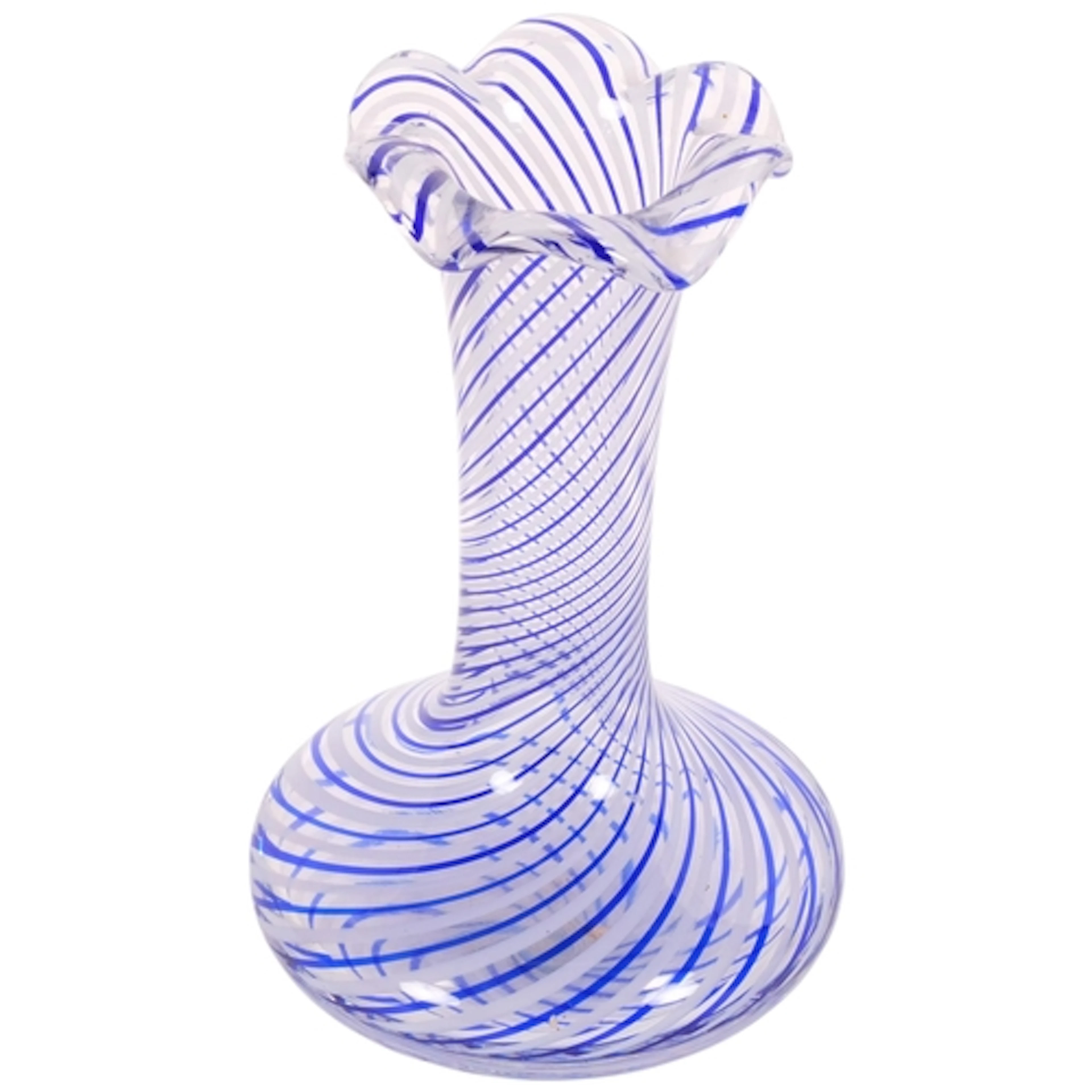 A blue and white swirled Art glass vase, with crimpled top e...